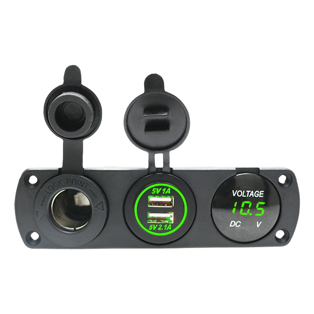 Schwarzes Autozubehör mit Steckdose, zwei USB-Anschlüssen und Voltanzeige.