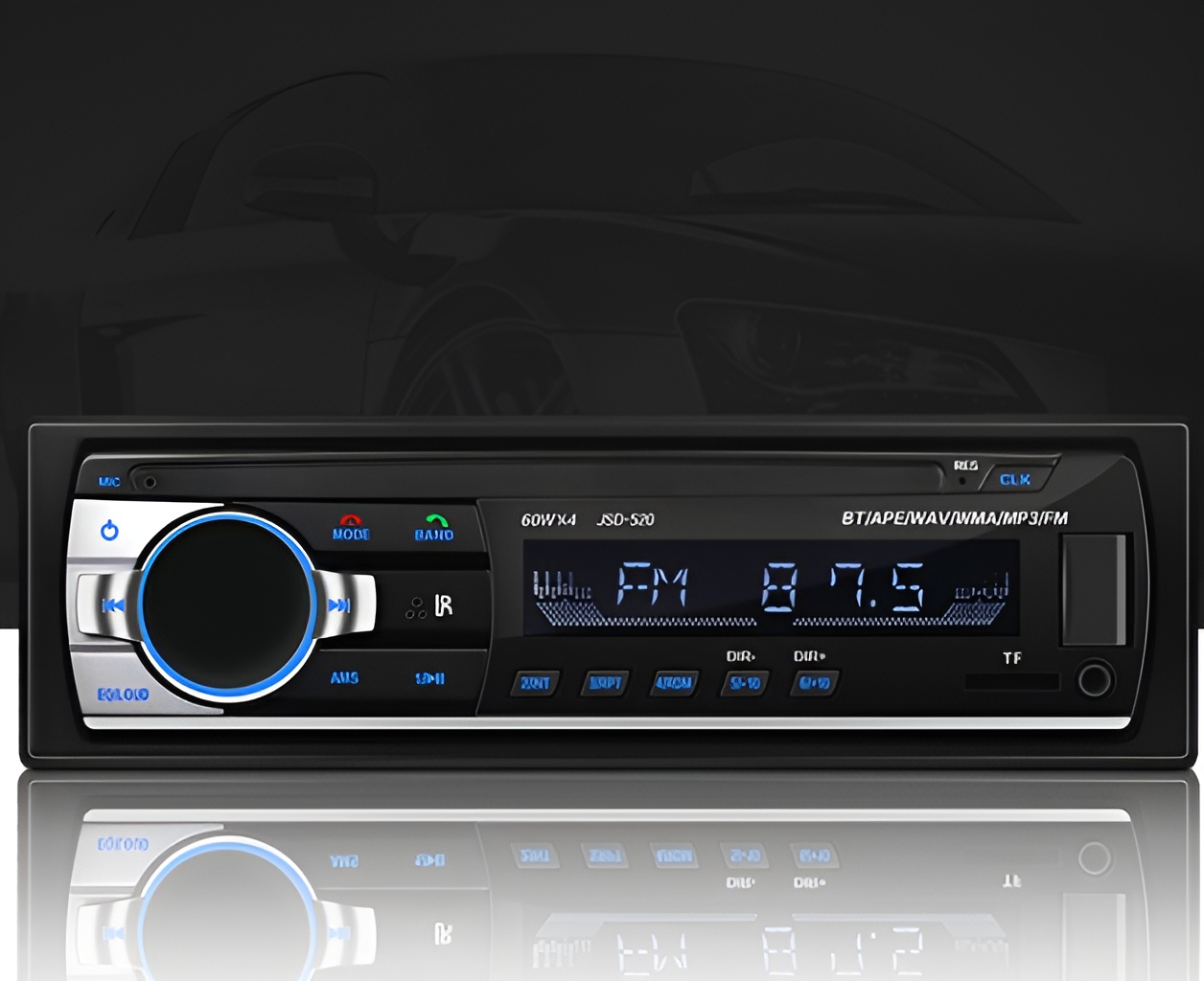 Autoradio mit FM-Radio, Knöpfen und einem Display mit 87,5. Im Hintergrund ist ein Auto zu sehen.