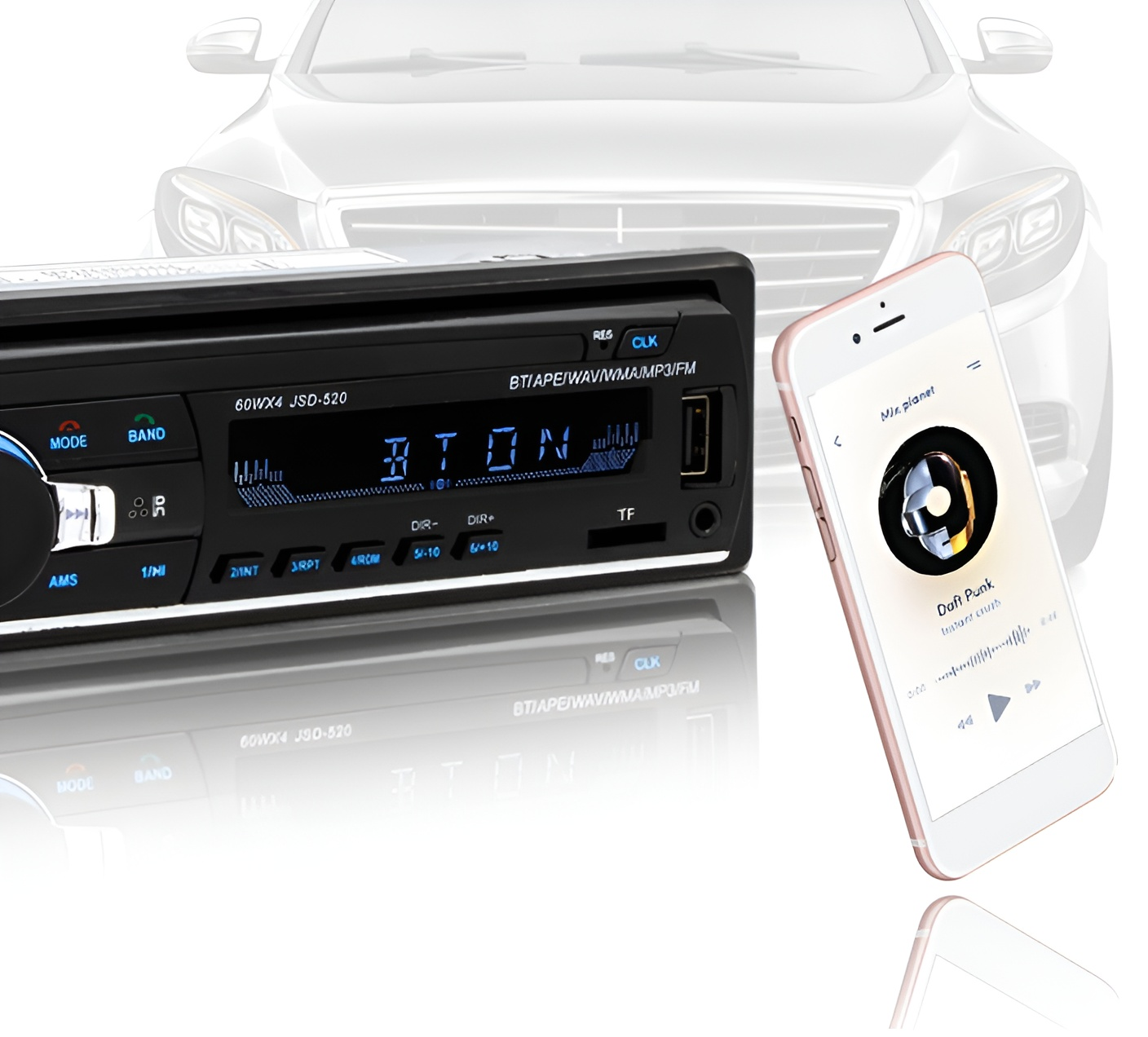 Autoradio mit Telefon, das Musik abspielt; Auto-Umriss im Hintergrund.
