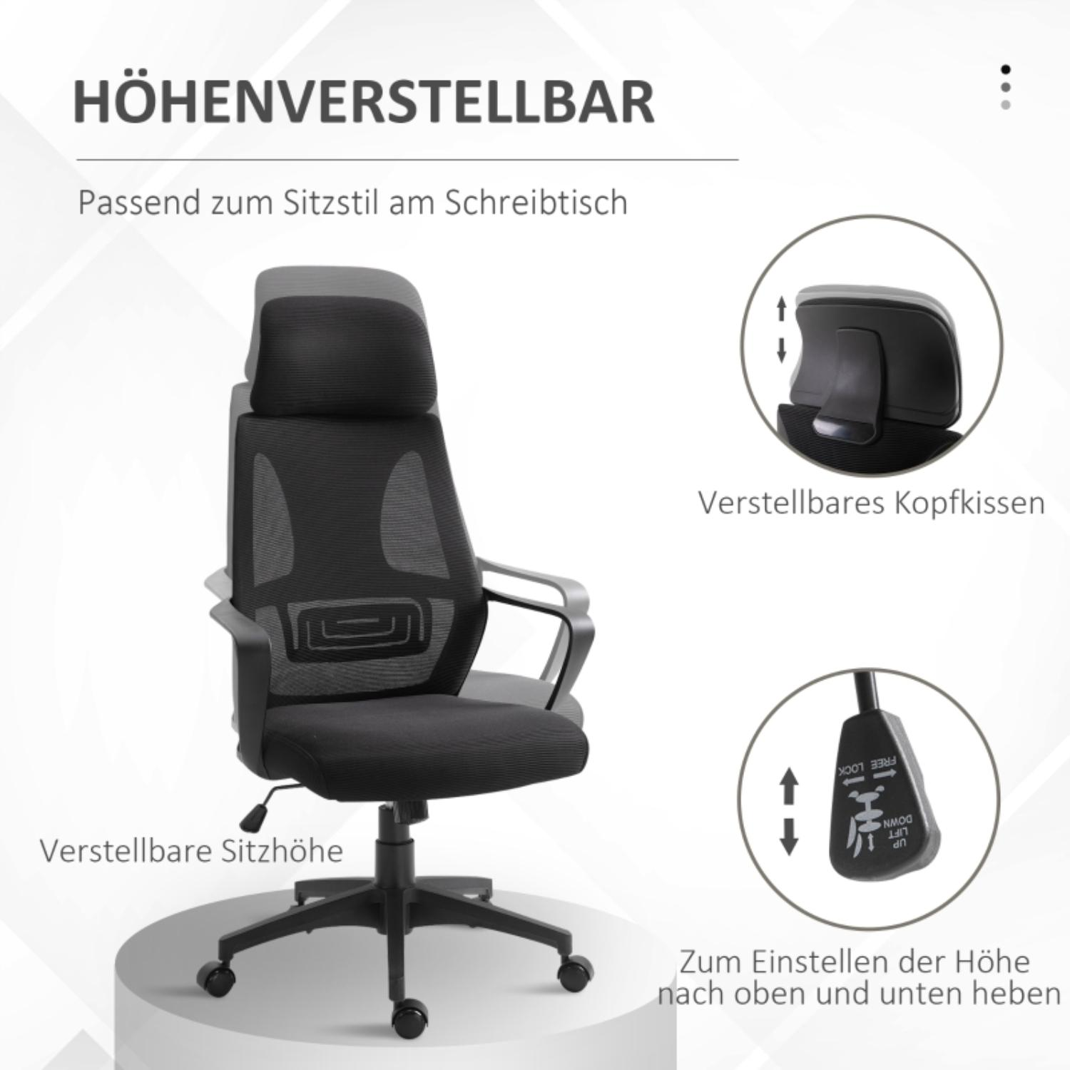 Schwarzer Bürostuhl mit verstellbarer Höhe und Kopfstütze, Netzrücken und Rollen auf weißem Hintergrund.