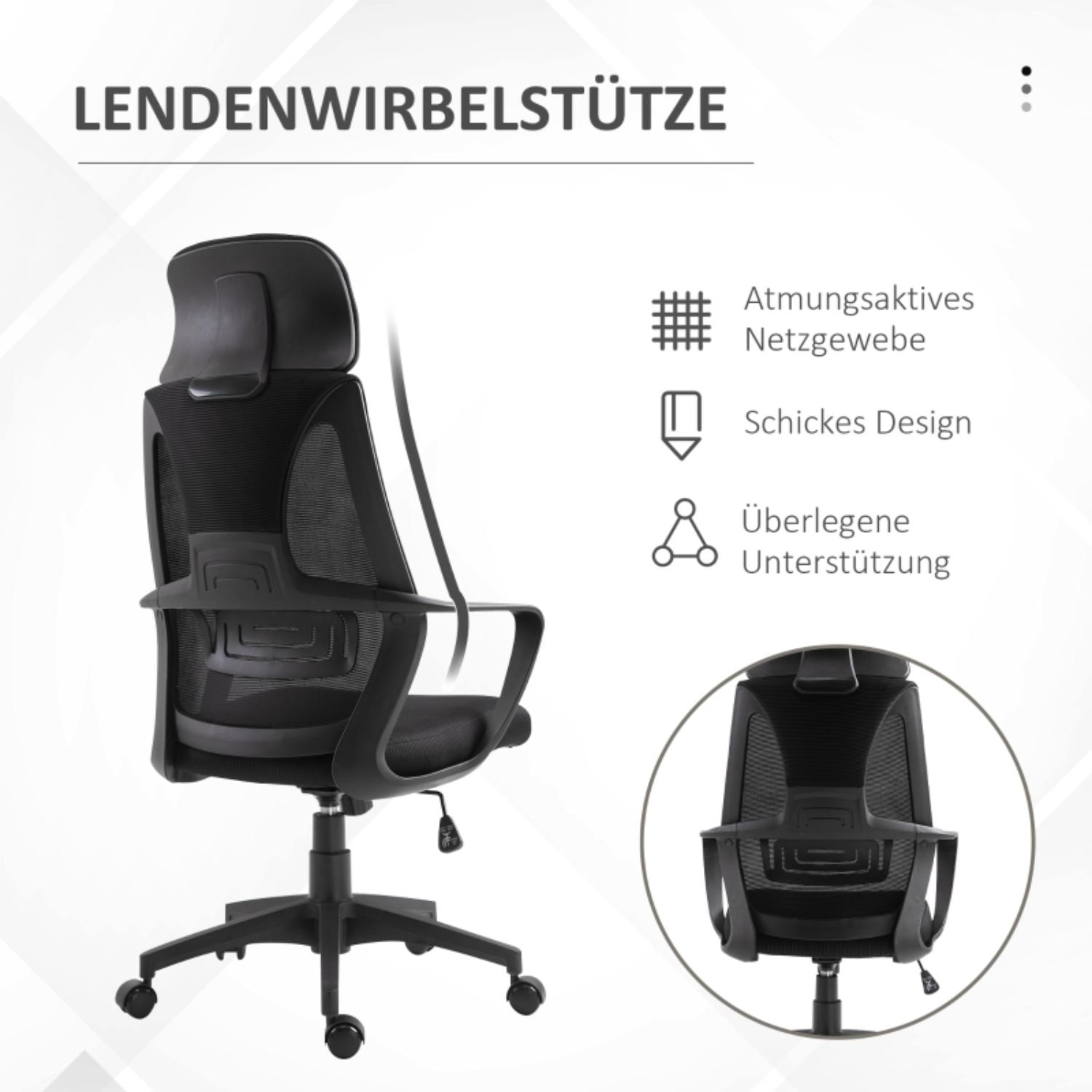 Bürostuhl mit Kopfstütze, Netzrücken, Armlehnen. Deutscher Text beschreibt Merkmale wie Netzgewebe und ergonomisches Design.