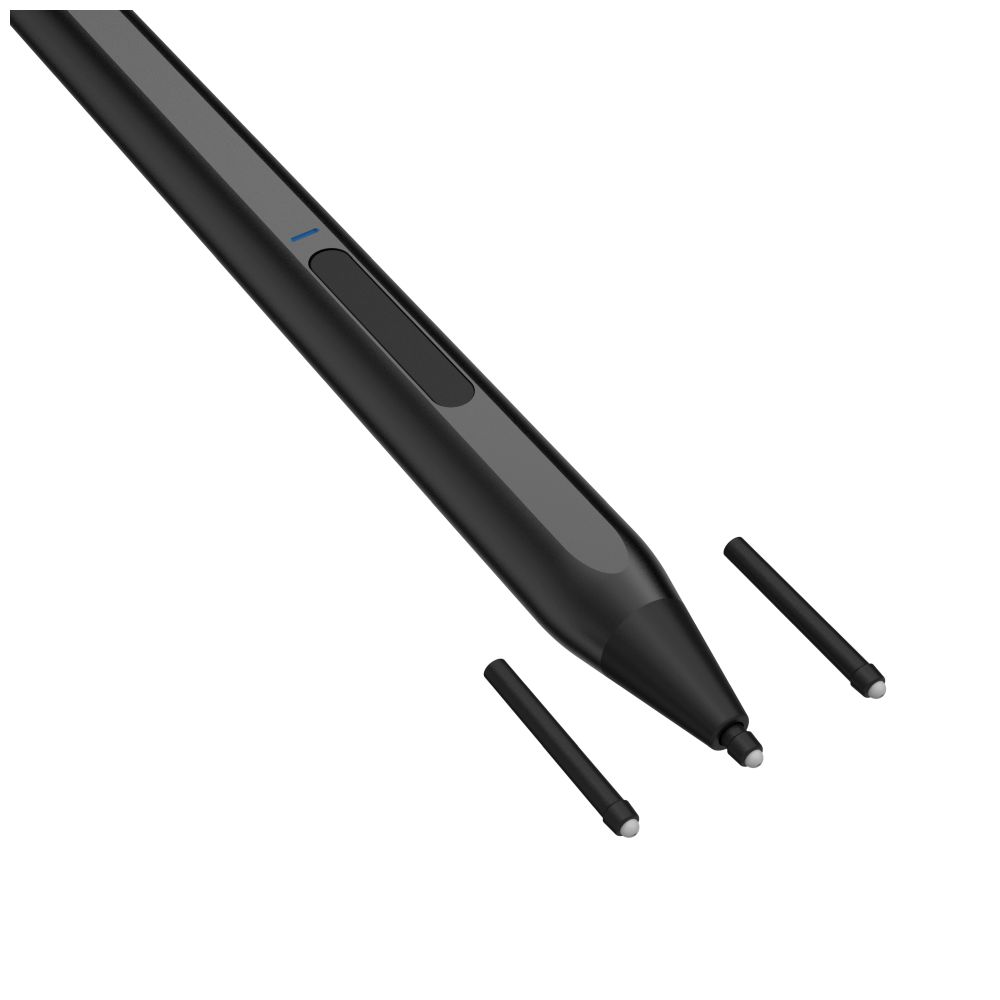 Schwarzer Stift mit drei Ersatzspitzen, auf weißem Untergrund, von oben betrachtet.