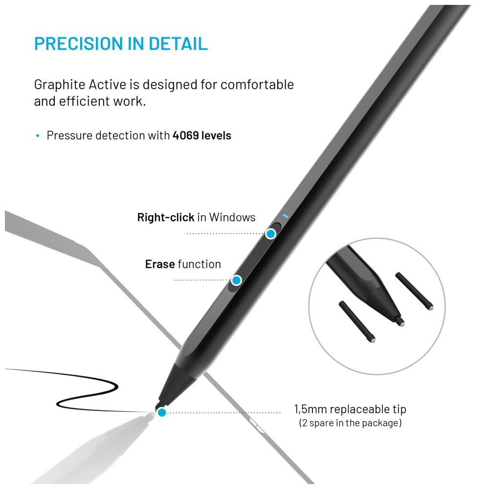Ein schwarzer Stylus-Stift mit Details zu seinen Funktionen, einschließlich Druckerkennung.