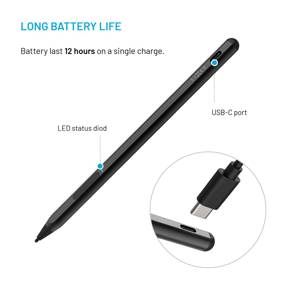 Schwarzer Stift mit Text und USB-C-Anschluss, mit USB-C-Kabel, vor weißem Hintergrund.
