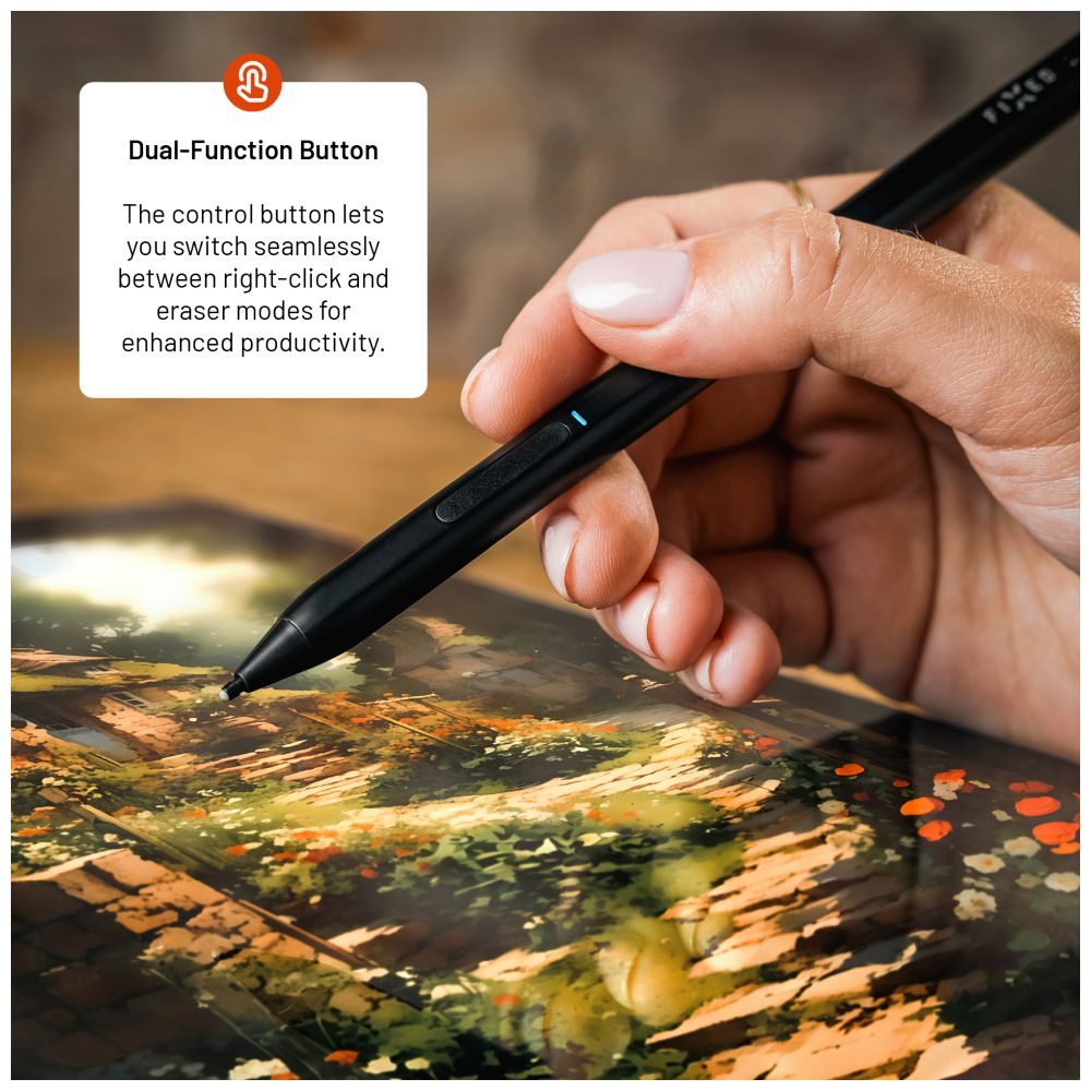 Hand einer Person, die einen schwarzen Stift hält, der auf ein Tablet schreibt. Hintergrund zeigt Kunstwerk.