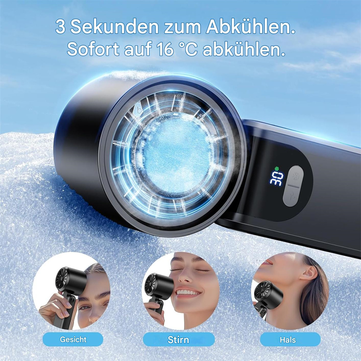 Ein schwarzes Gerät mit Bildschirm und Tasten. Drei Bilder zeigen die Anwendung auf Gesicht und Hals.