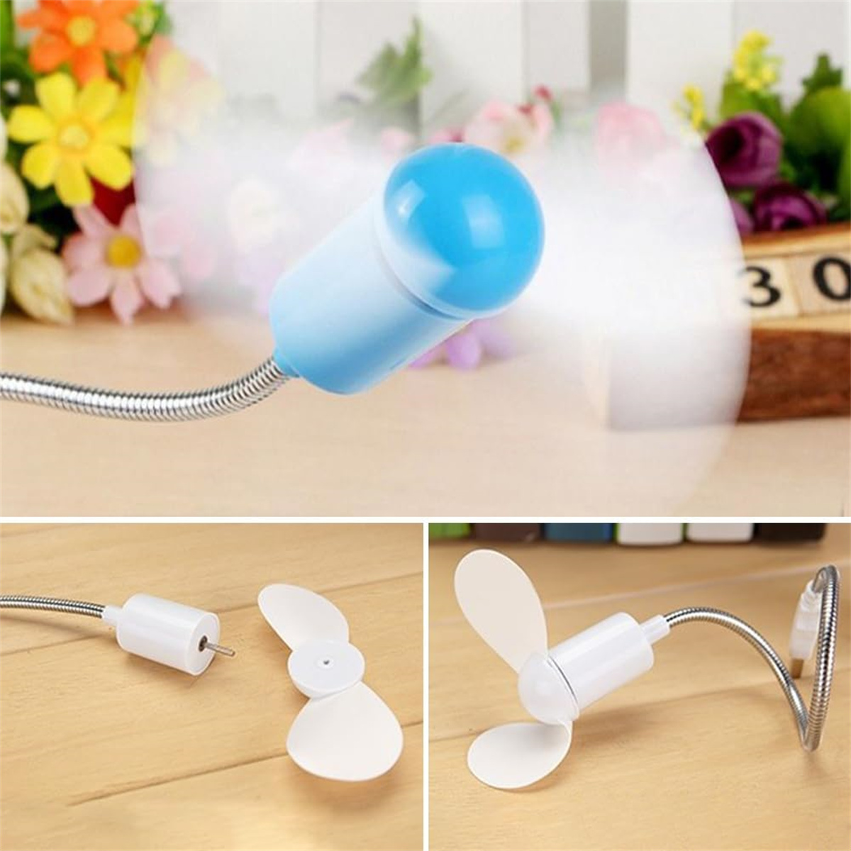 Drei Bilder zeigen einen kleinen USB-Ventilator mit blauem Oberteil und weißen Flügeln. Er hat einen flexiblen Hals.