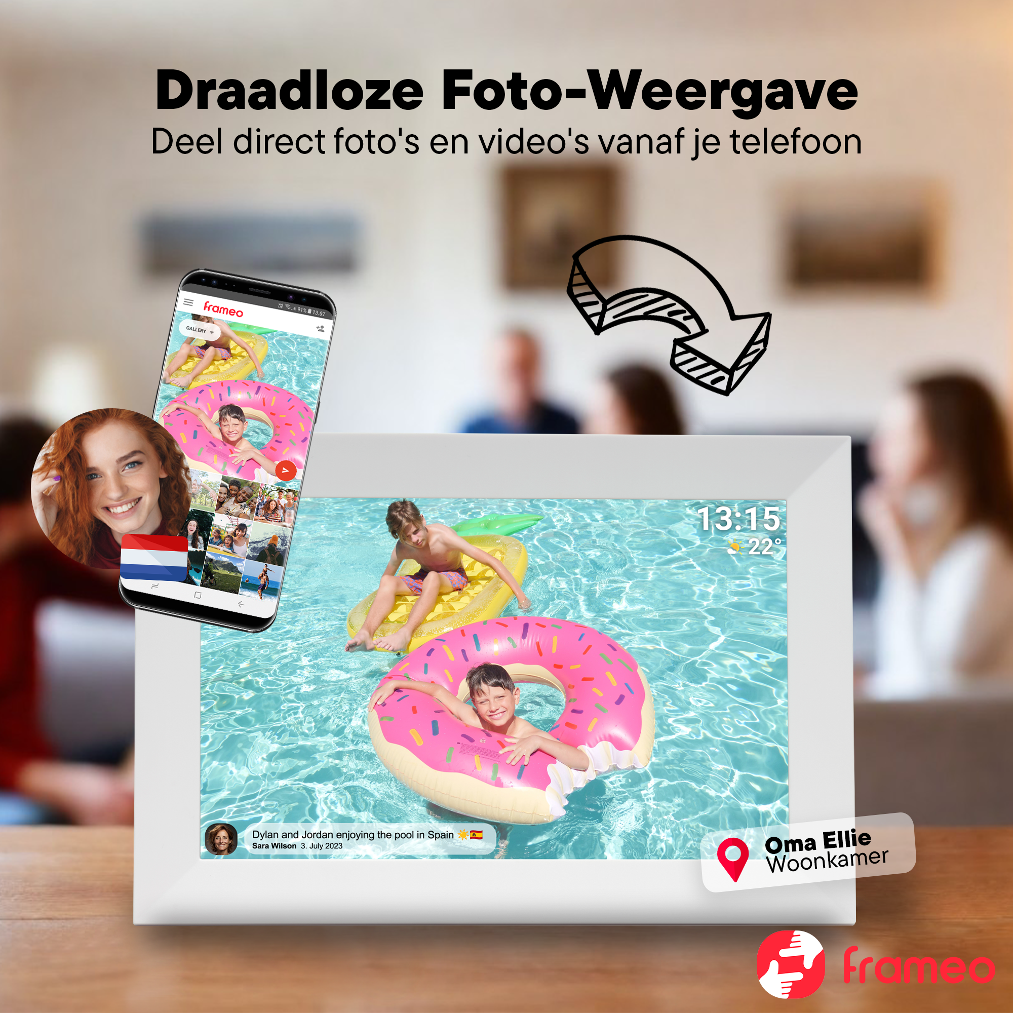 Ein digitaler Bilderrahmen zeigt zwei Jungen in einem Pool mit Schwimmern, ein Telefon und das Profil einer Frau.