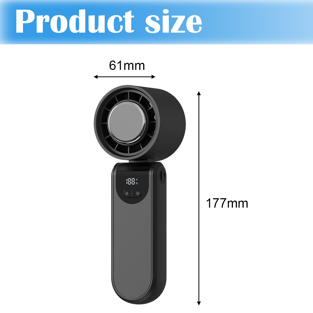 Ein schwarzes Gerät mit digitaler Anzeige. Die Abmessungen betragen 61 mm Breite und 177 mm Länge.