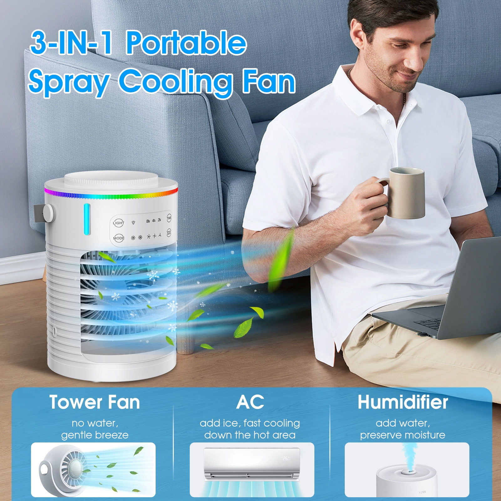 Mann benutzt einen Laptop. Weißer Sprühkühlventilator neben ihm. Text: 3-in-1 Portable Spray Cooling Fan.