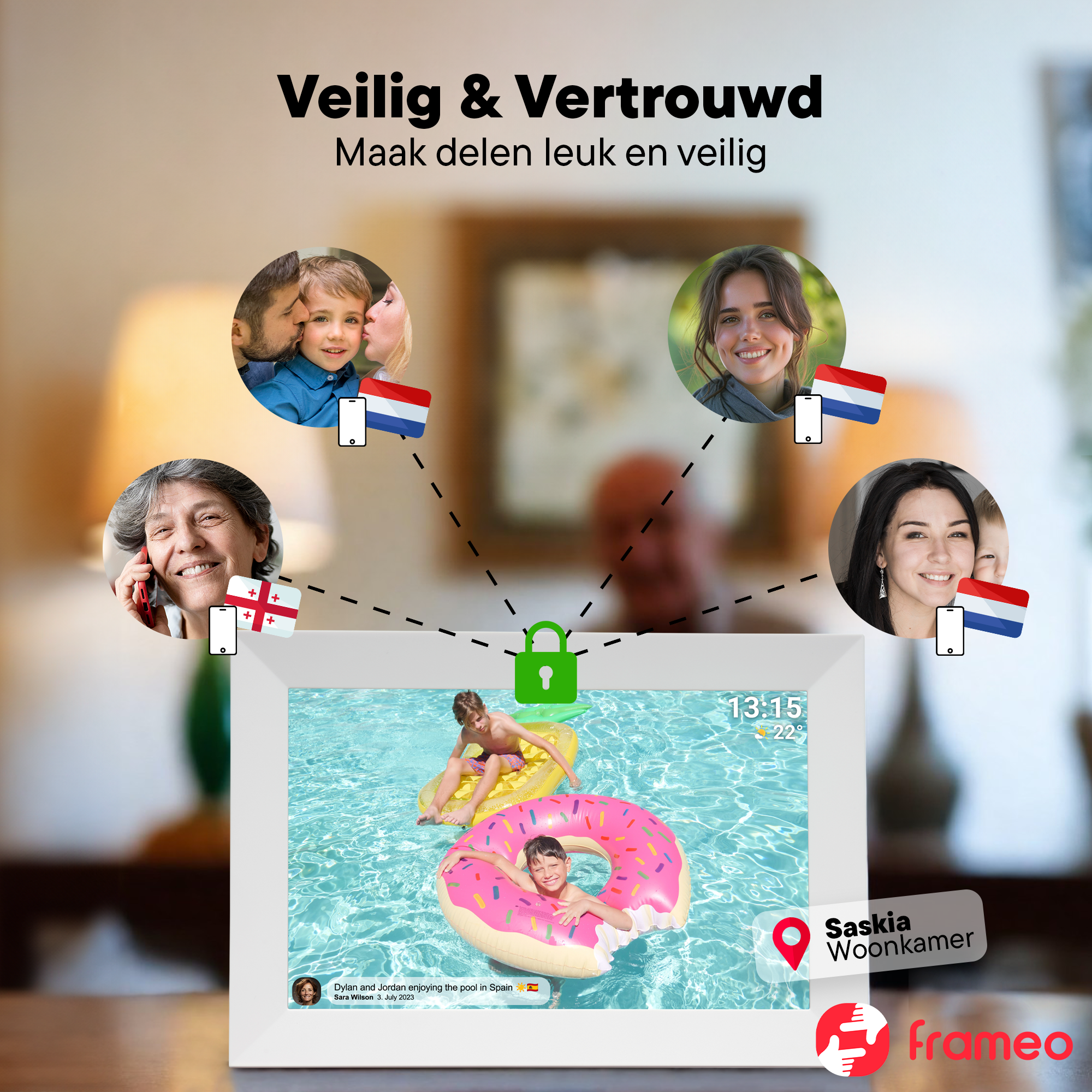 Ein digitaler Fotorahmen, der Personen bei Videoanrufen und Fotos zeigt. Der Rahmen zeigt einen Pool und das Wetter.