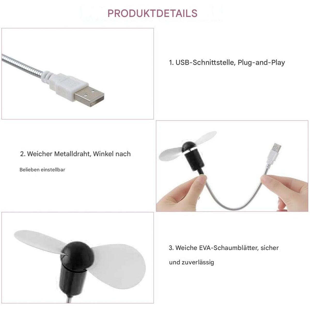 Nahaufnahmen eines USB-Ventilators. Details umfassen einen USB-Anschluss, einen flexiblen Hals und Lüfterflügel.