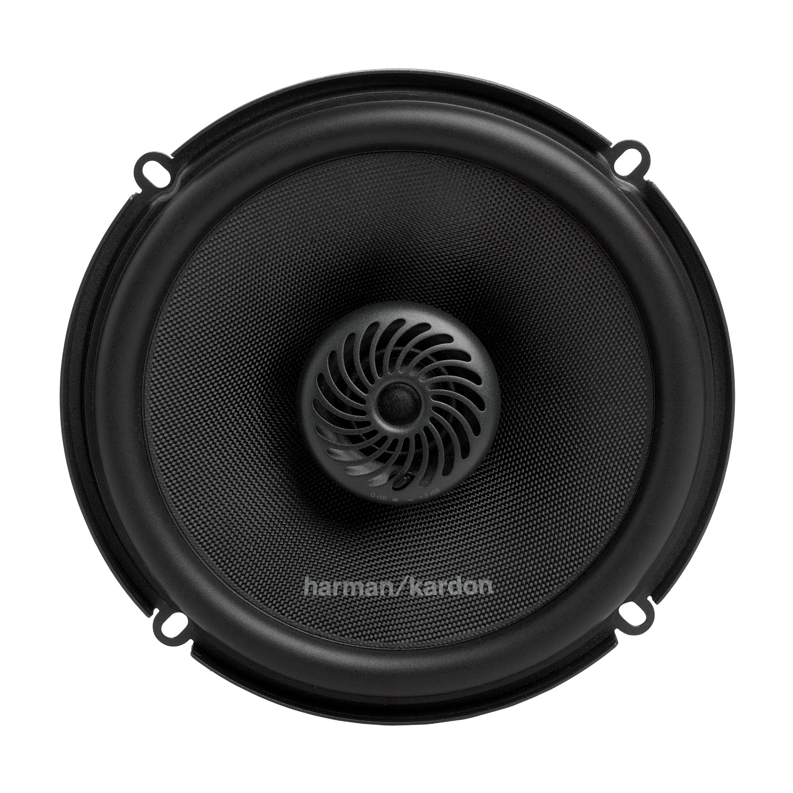 Ein schwarzer Autolautsprecher mit zentralem Grill und dem Harman Kardon-Logo in Weiß.