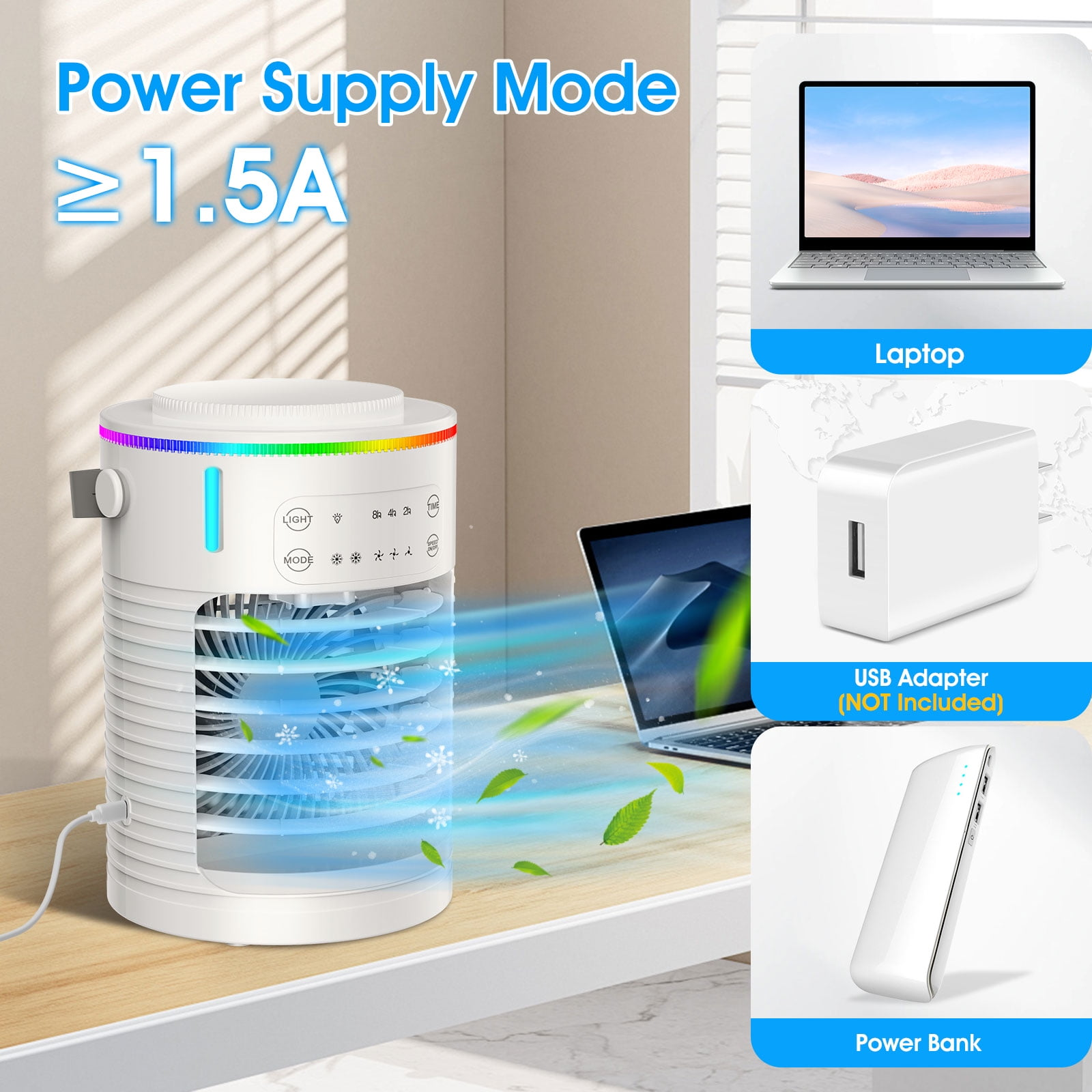 Ein weißer tragbarer Luftkühler mit zusätzlichen Bildern von Laptop, USB-Adapter und Powerbank.
