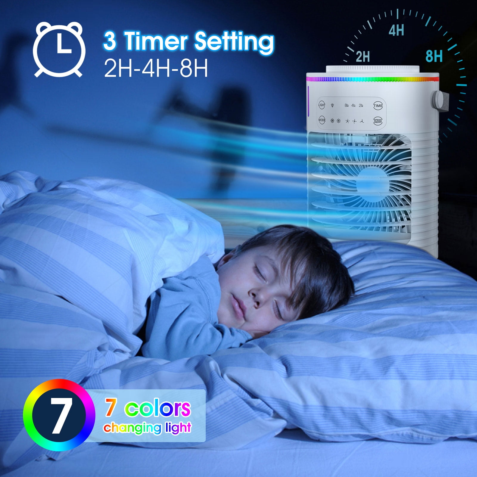 Ein Junge schläft im Bett, im Hintergrund ein Luftkühler; Timer-Einstellungen und Farboptionen werden angezeigt.