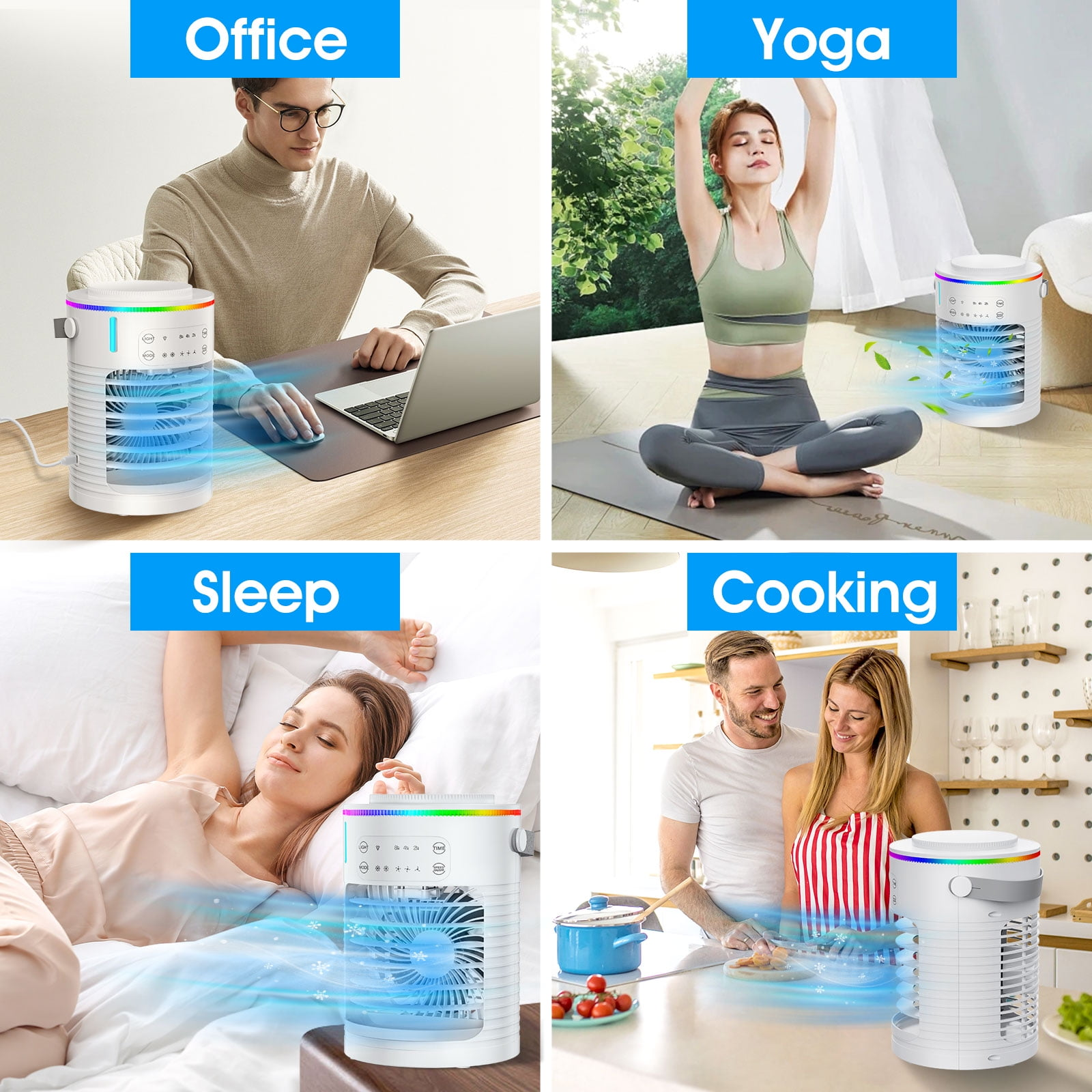 Vier Szenen, die die Verwendung des Luftkühlers im Büro, beim Yoga, beim Schlafen und Kochen zeigen.