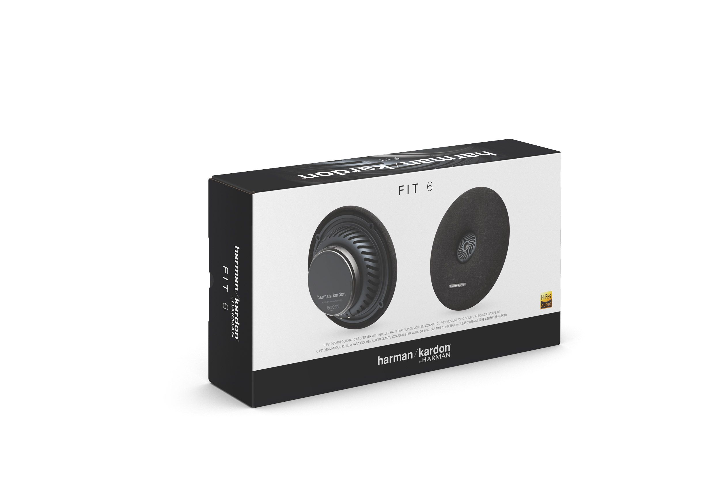 Schwarze und weiße Lautsprecherbox mit einem Lautsprecher. Text: harman/kardon FIT 6.