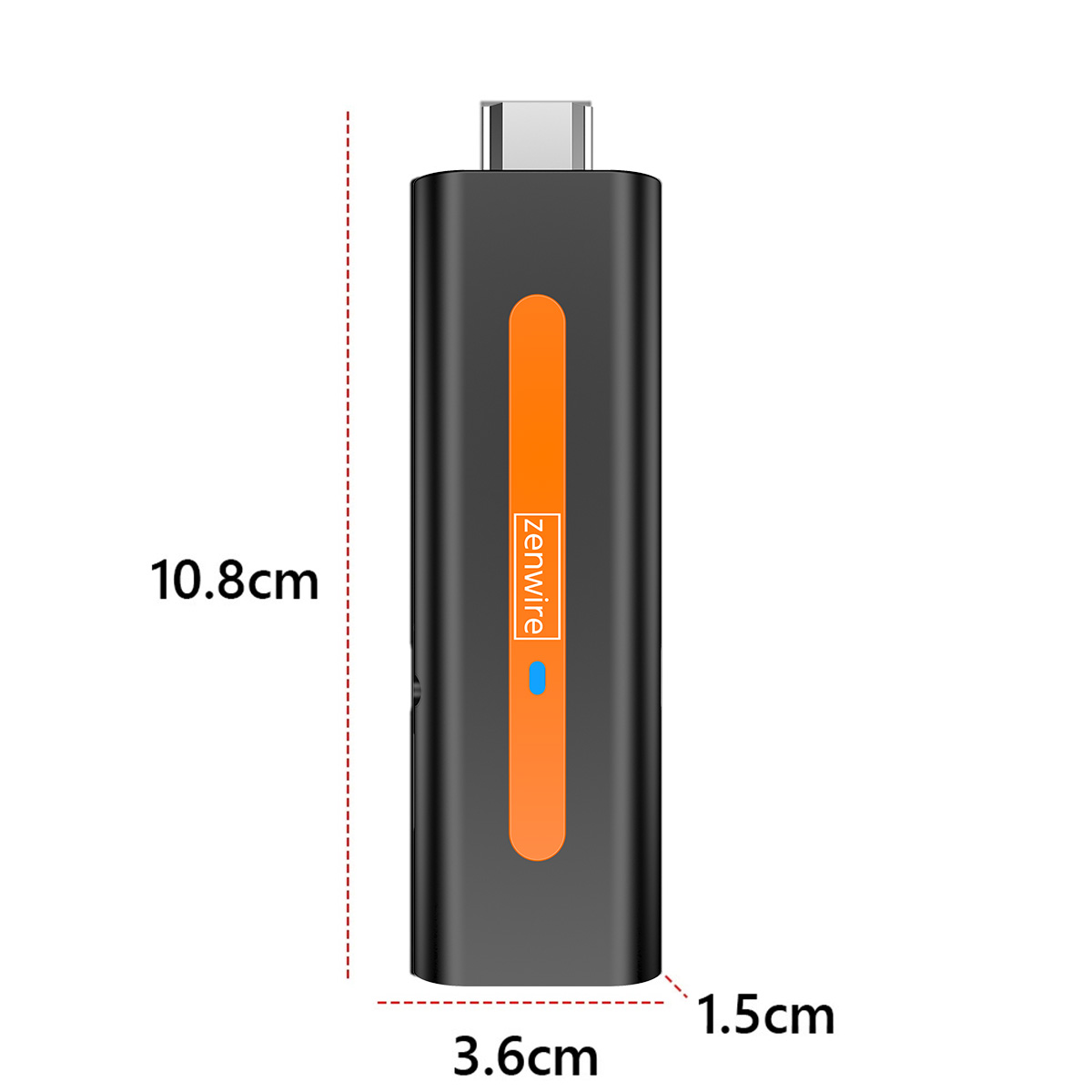 Czarne prostokątne urządzenie z logo zenwire, z wymiarami oznaczonymi w centymetrach.