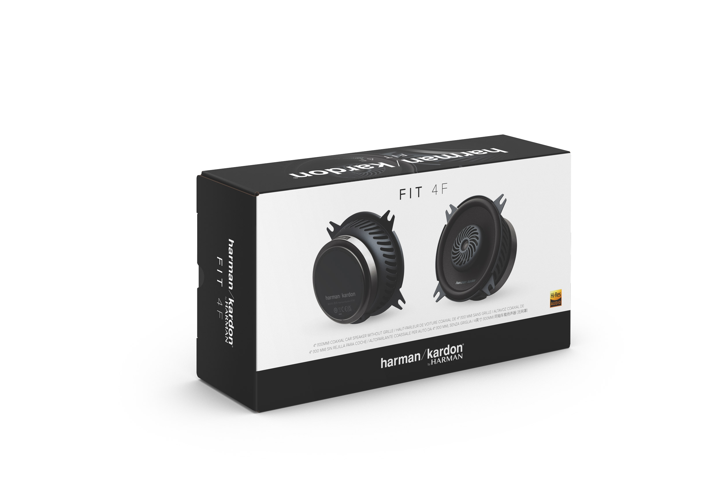 Eine Schachtel mit Harman Kardon Lautsprechern. Die Schachtel ist schwarz mit weißem Text und Bildern der Lautsprecher.