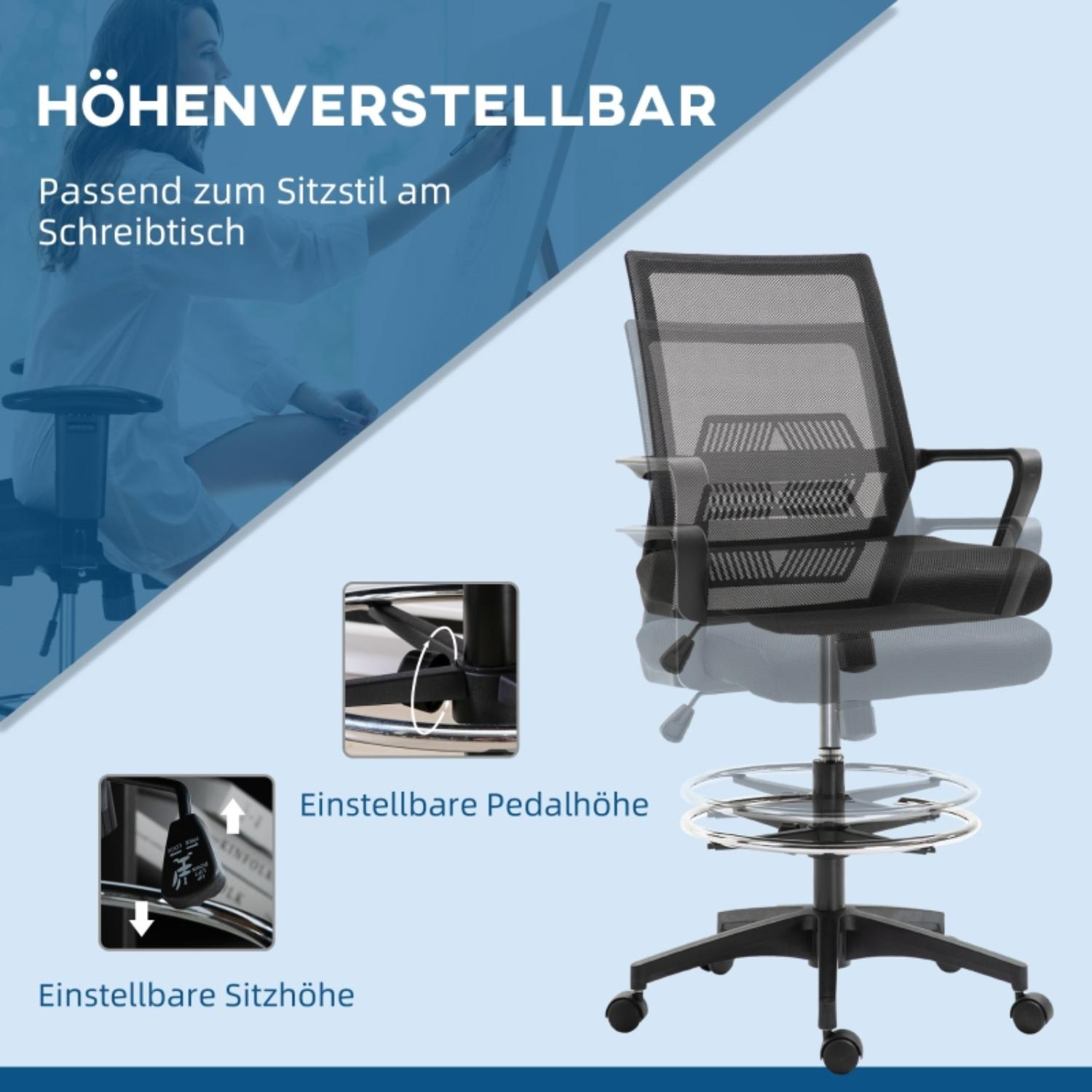 Ein Bürostuhl mit Netzrücken, der Höhenverstellbarkeit zeigt, mit Text auf Deutsch.