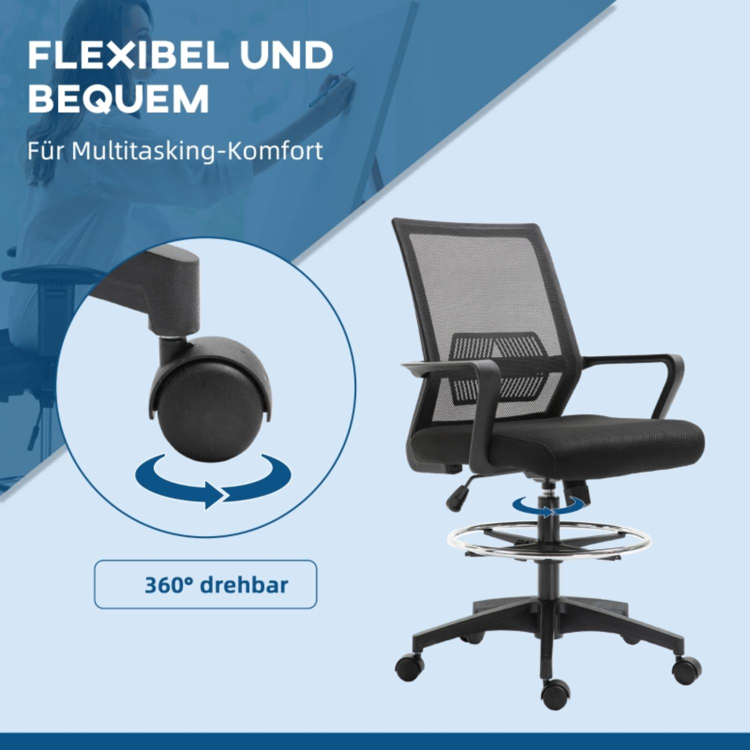 Ein schwarzer Netz-Bürostuhl mit verstellbarer Höhe und 360-Grad-Drehung, entworfen für flexibles und komfortables Multitasking.