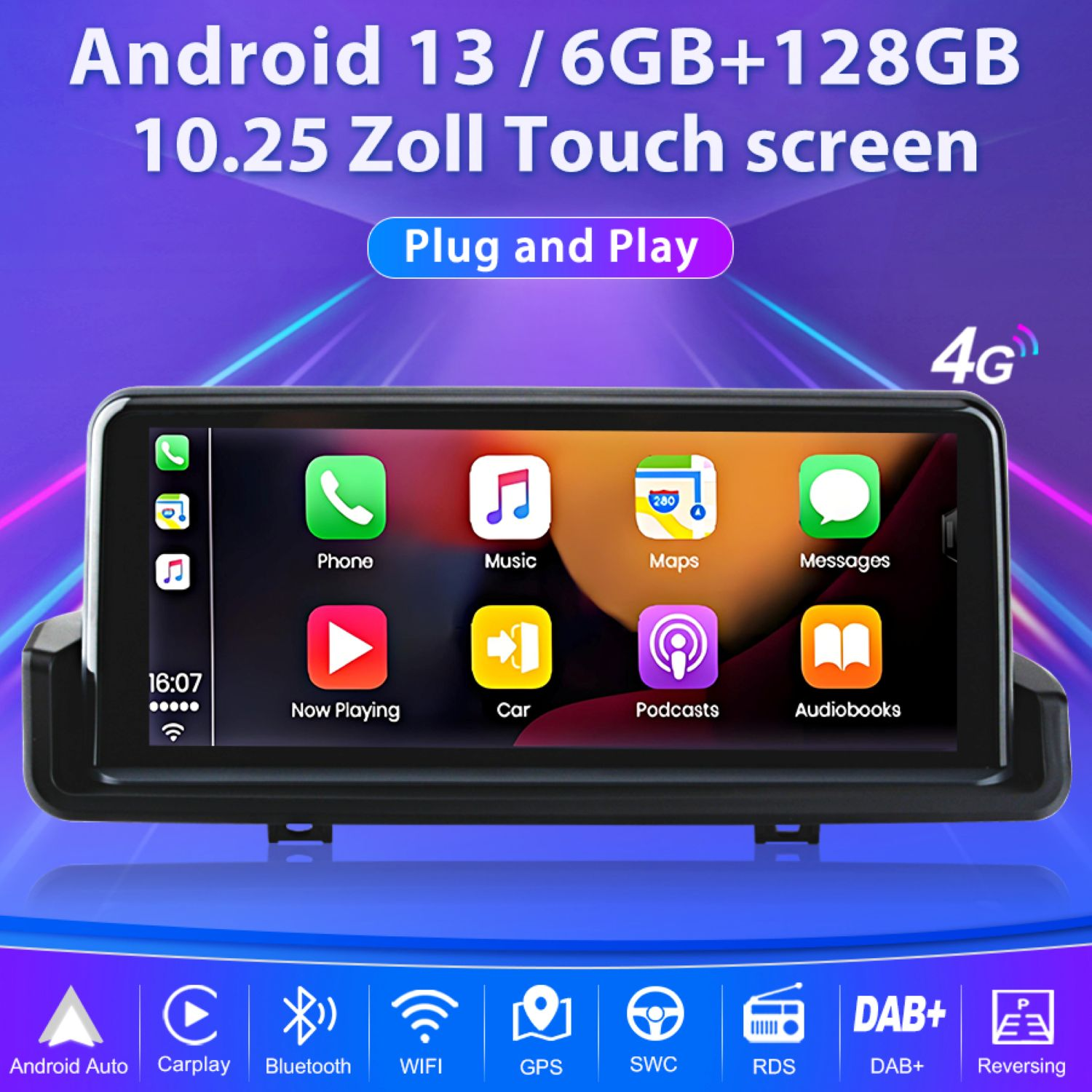 Auto-Multimedia-Player mit Touchscreen, der Symbole anzeigt. Android 13, 6 GB+128 GB, 10,25 Zoll.