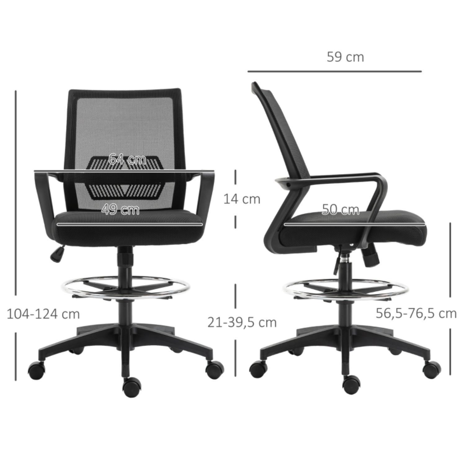 Zwei Ansichten eines schwarzen Bürostuhls mit Abmessungen. Netzrücken, Räder und Fußstütze.
