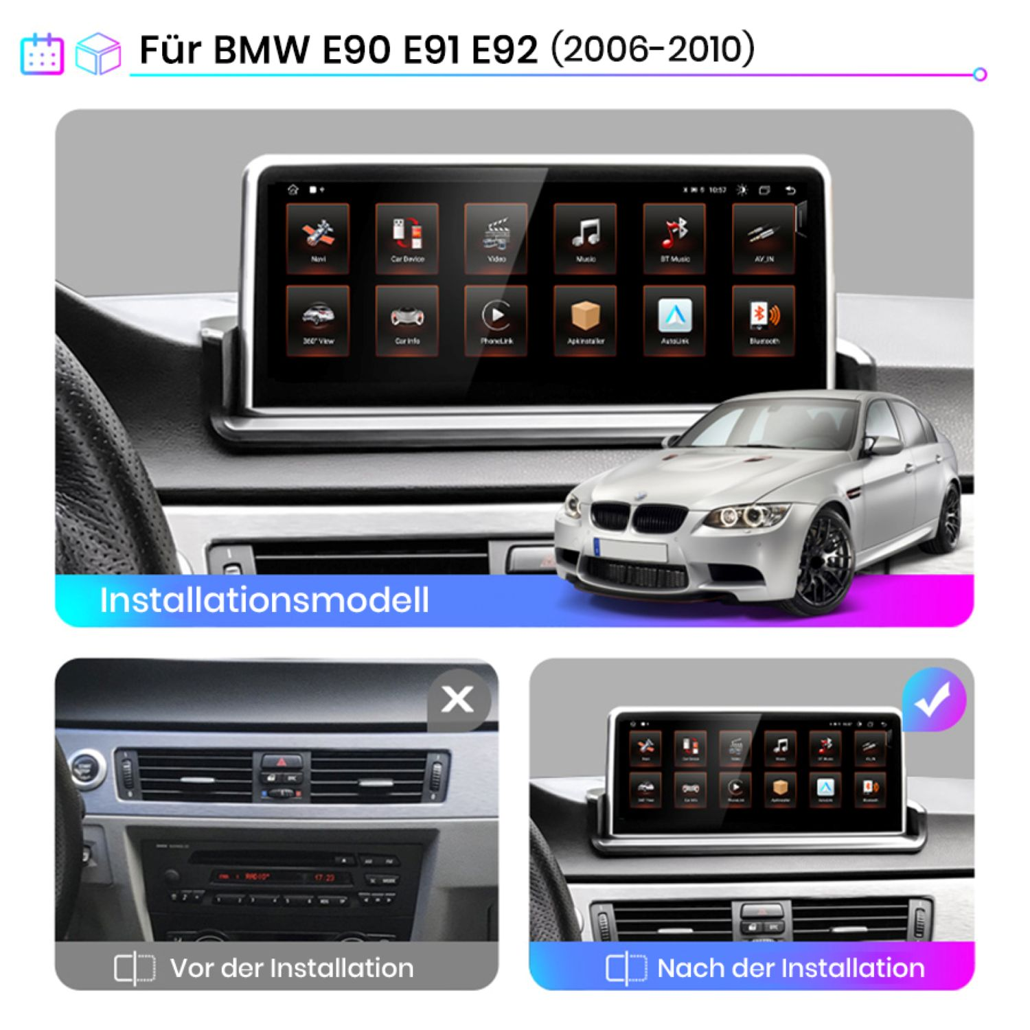 Vergleich der Installation des Auto-Multimedia-Players. Vorher und Nachher. Für BMW E90 E91 E92.