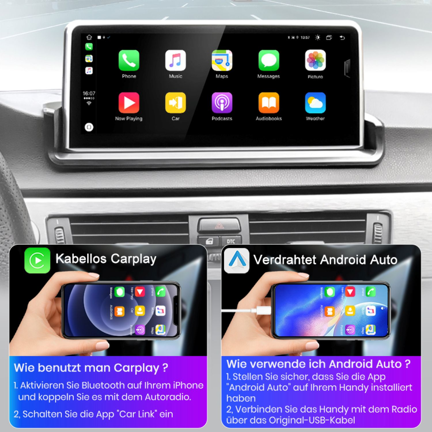 Autoanzeige mit App-Symbolen und Text sowie Bildern von Telefonen und Anweisungen.