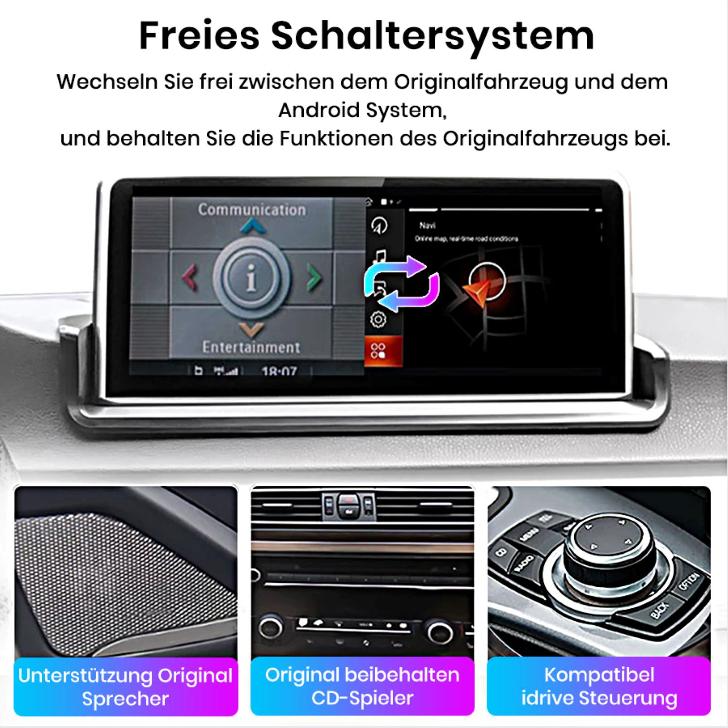 Auto-Dashboard-Bildschirm mit einer Anzeige, die verschiedene Optionen und zugehörige Bilder zeigt.