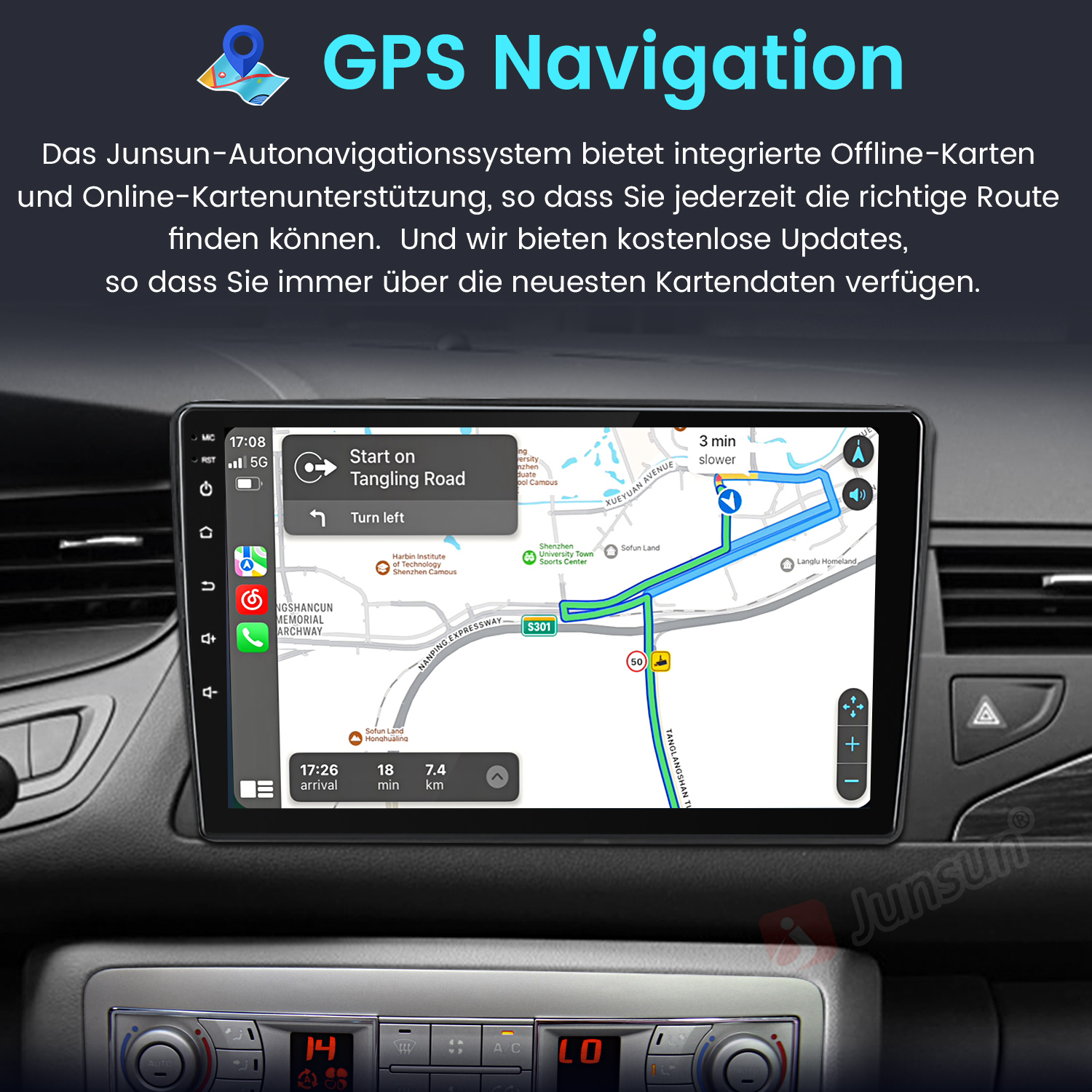 Auto-Dashboard-Bildschirm, der Navigation mit Karte und Routendetails anzeigt, umgeben von Text.