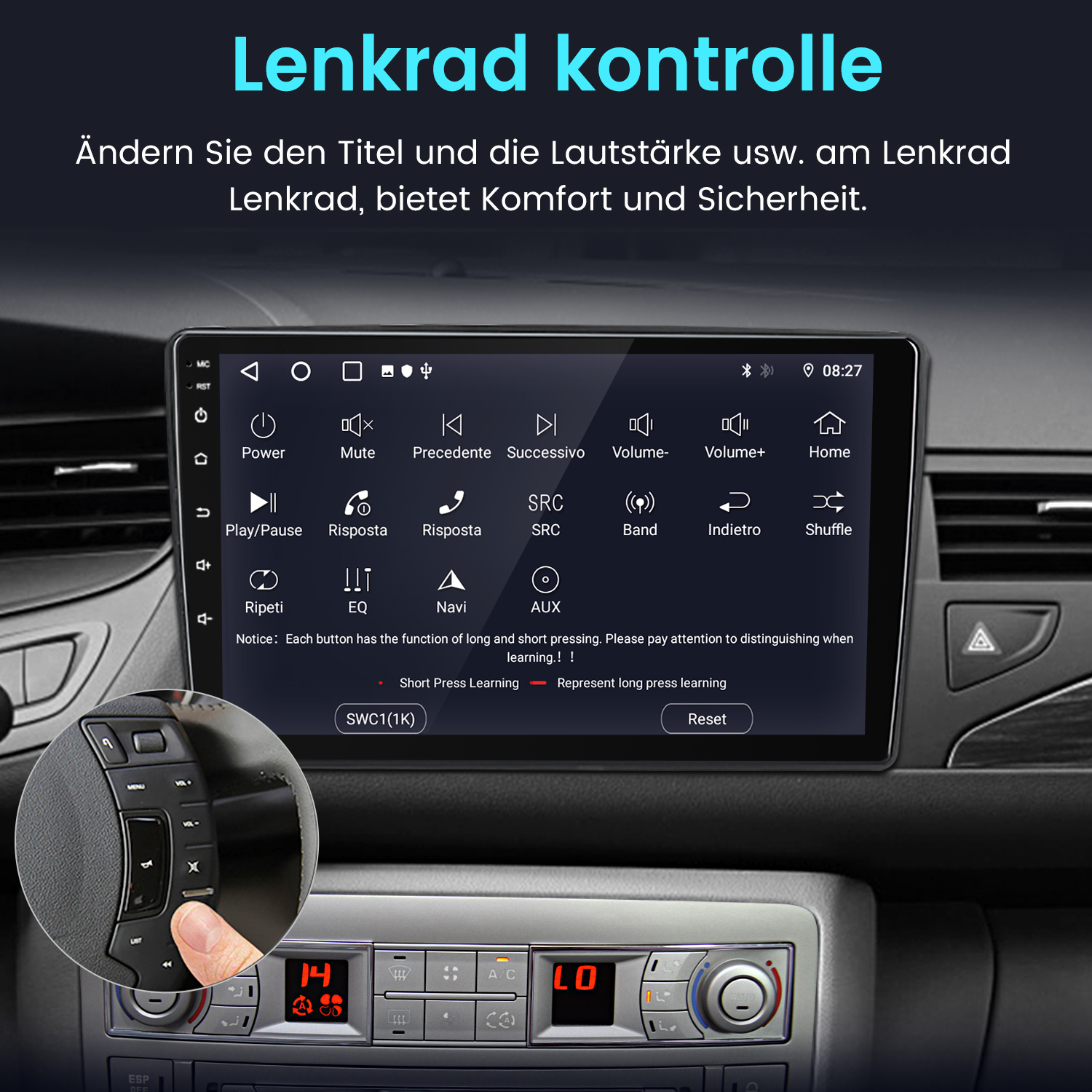 Auto-Dashboard-Bildschirm mit Knöpfen und Bedienelementen, mit Text: "Lenkrad Kontrolle".