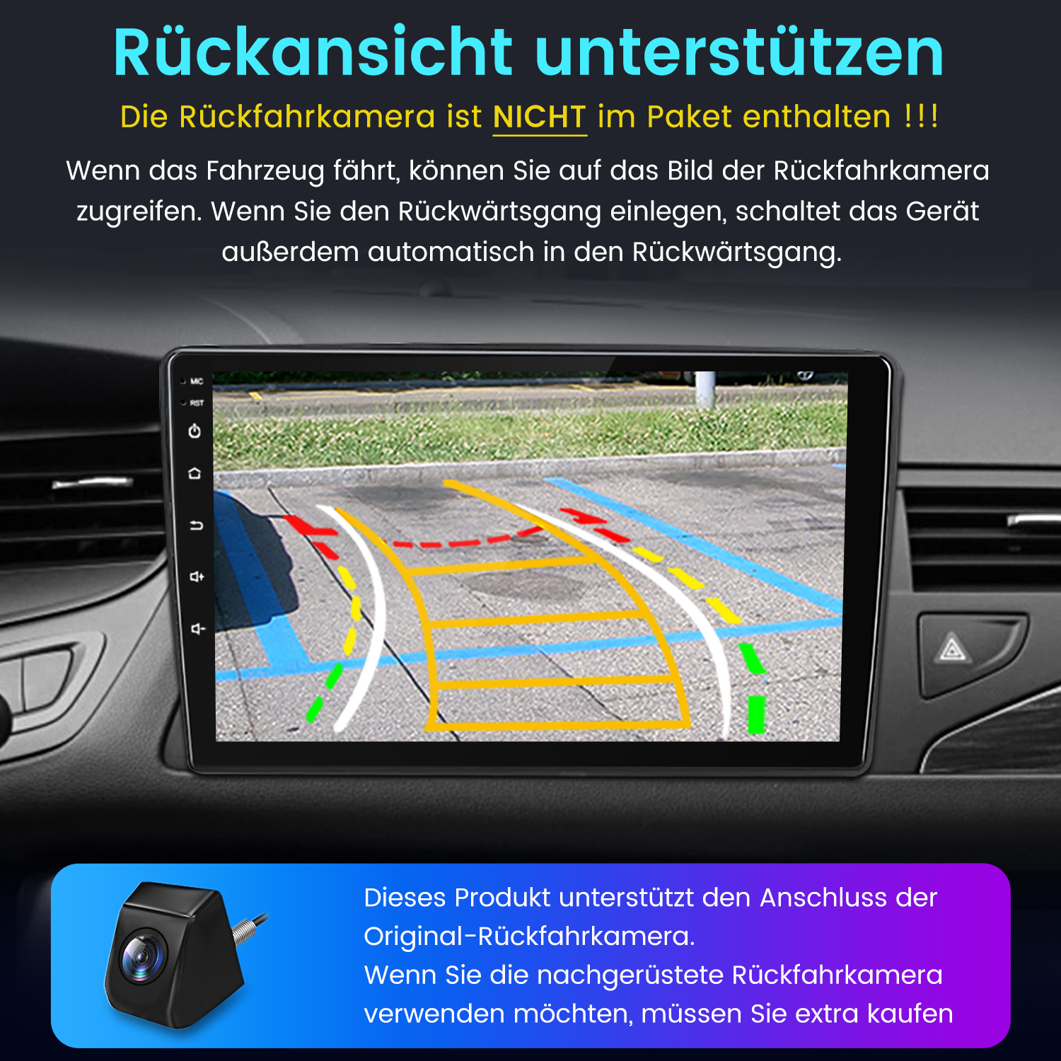 Autobildschirm zeigt Rückfahrkamerabild mit Richtlinien. Unten ist eine kleine Kamera abgebildet.