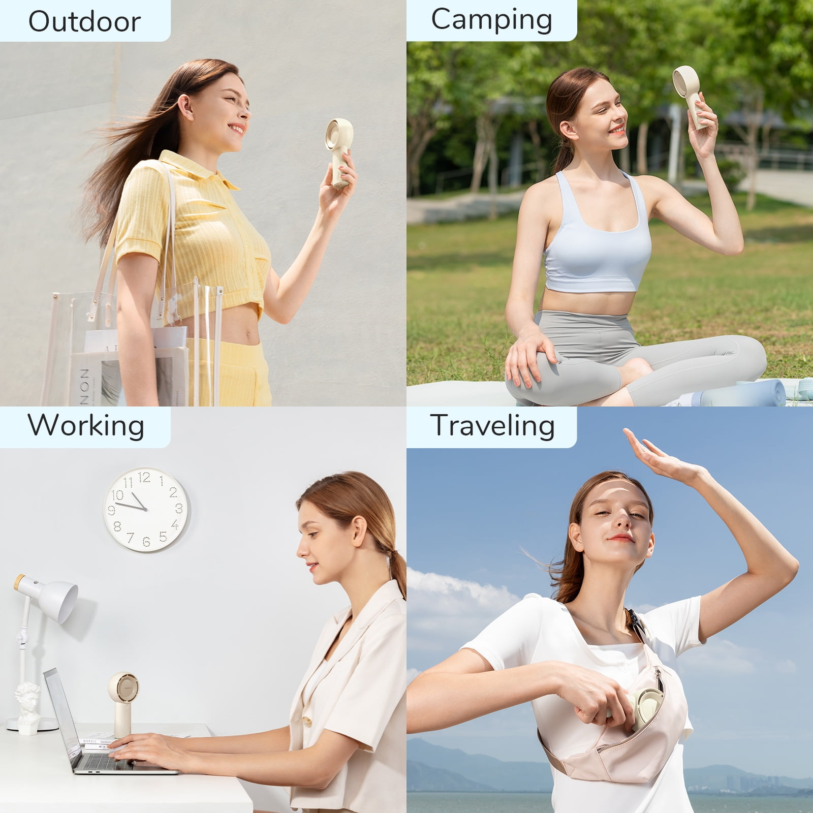 Vier Bilder, die Frauen zeigen, die einen Handventilator in verschiedenen Szenarien benutzen: draußen, Camping, Arbeit und Reisen.