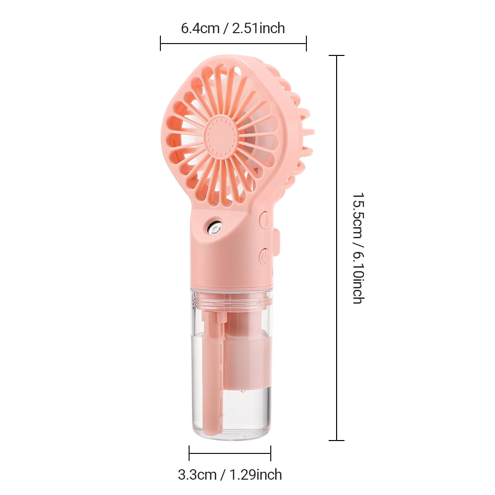 Ein pinkfarbener Handventilator mit Maßen. Er hat einen Wassertank und eine Messanleitung.