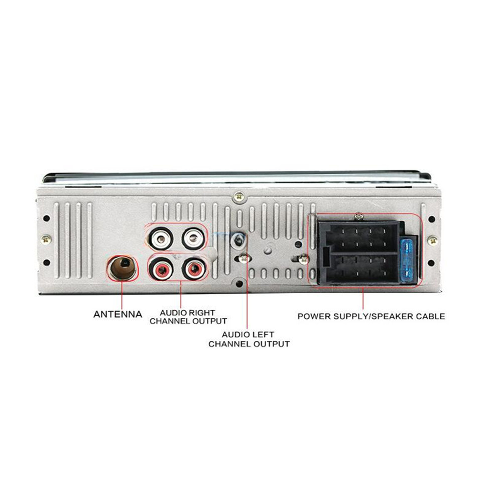 Die Rückseite eines Autoradios mit beschrifteten Anschlüssen: Antenne, Audioausgang, Stromversorgung.