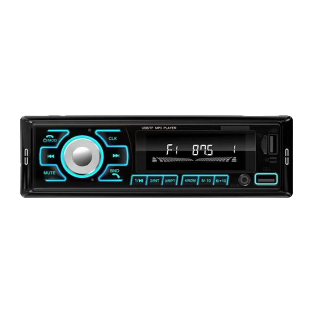 Autoradio mit Knöpfen und Bildschirm. Anzeige zeigt Radiofrequenz. Knöpfe für verschiedene Funktionen sind sichtbar.
