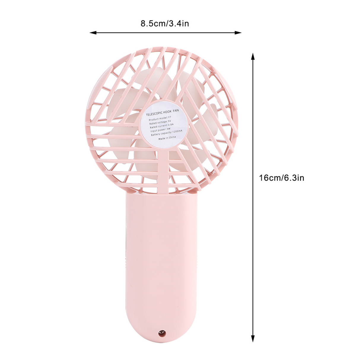 Ein pinkfarbener Handventilator mit Griff. Der Ventilator hat drei Flügel. Der Griff hat ein Etikett mit Text.