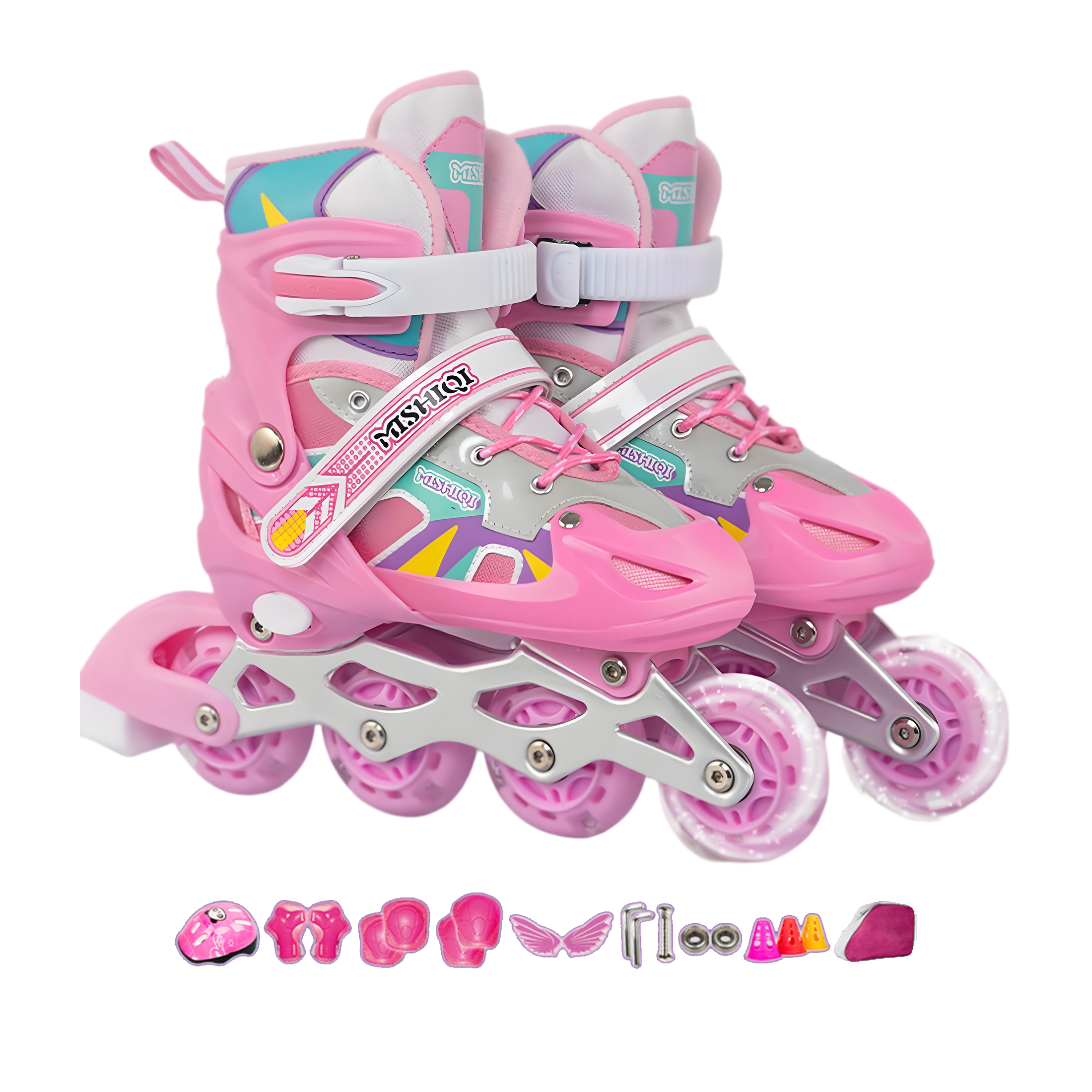 Pinkfarbene Rollschuhe mit Schutzausrüstung. Zubehör umfasst Ellbogenschützer, Knieschützer und einen Helm.