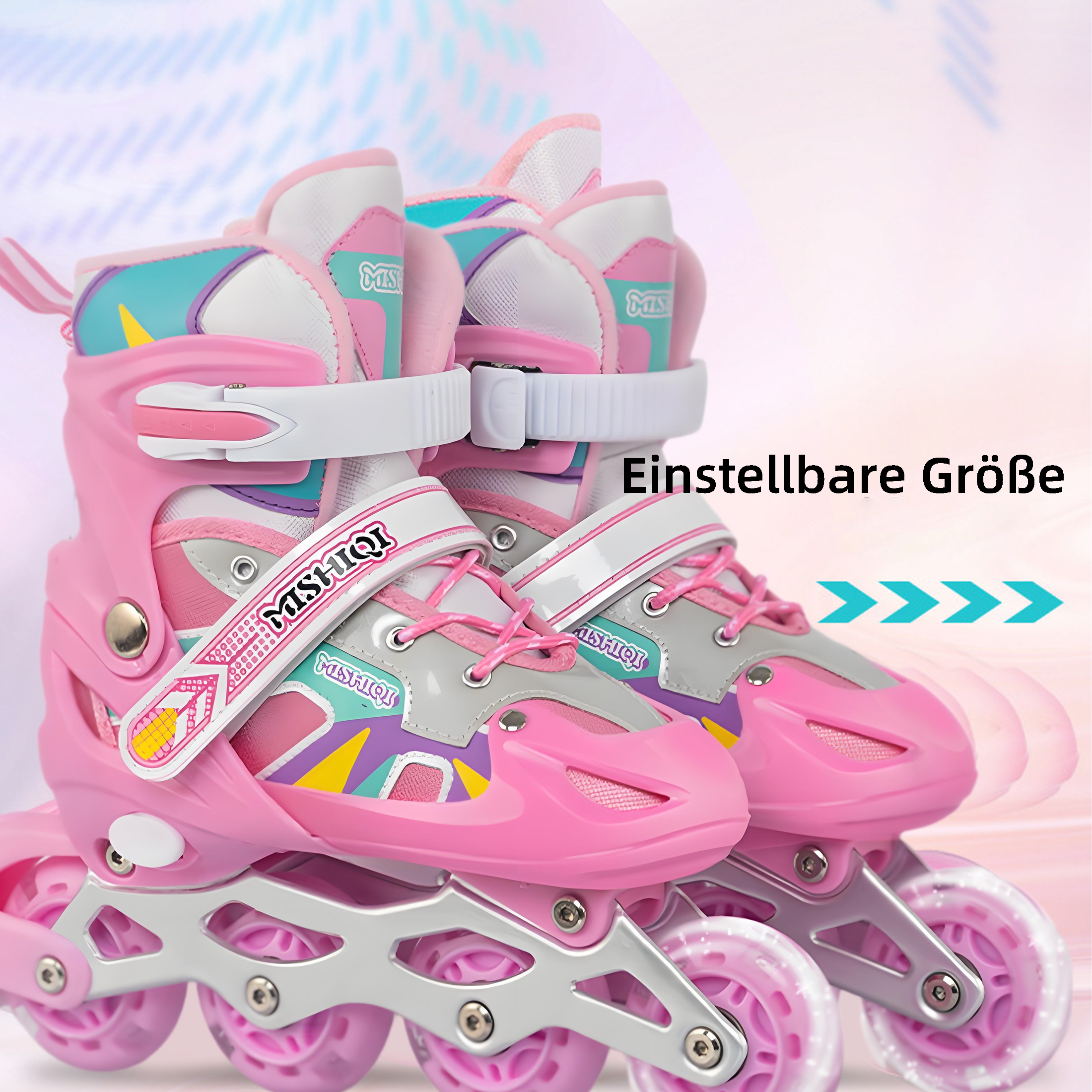 Pinkfarbene Rollschuhe mit Text, der verstellbare Größe besagt. Die Schlittschuhe stehen auf weißem Untergrund.