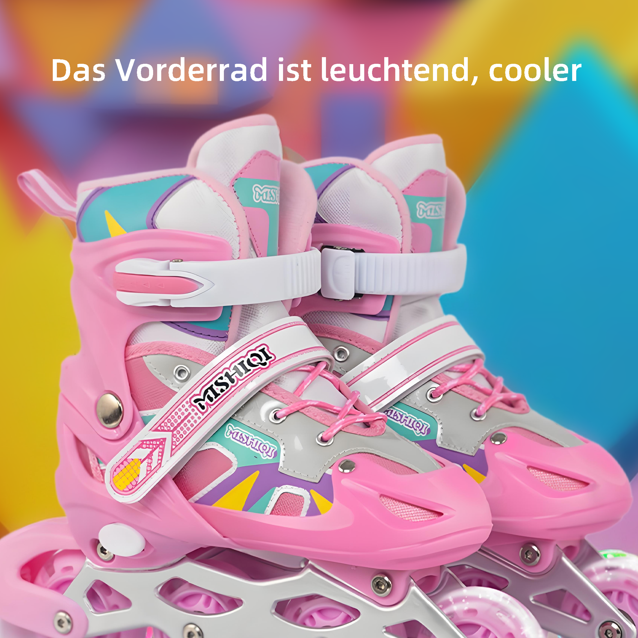 Pinkfarbene Rollschuhe mit Text. Das Vorderrad leuchtet. Die Schlittschuhe stehen auf weißem Untergrund.