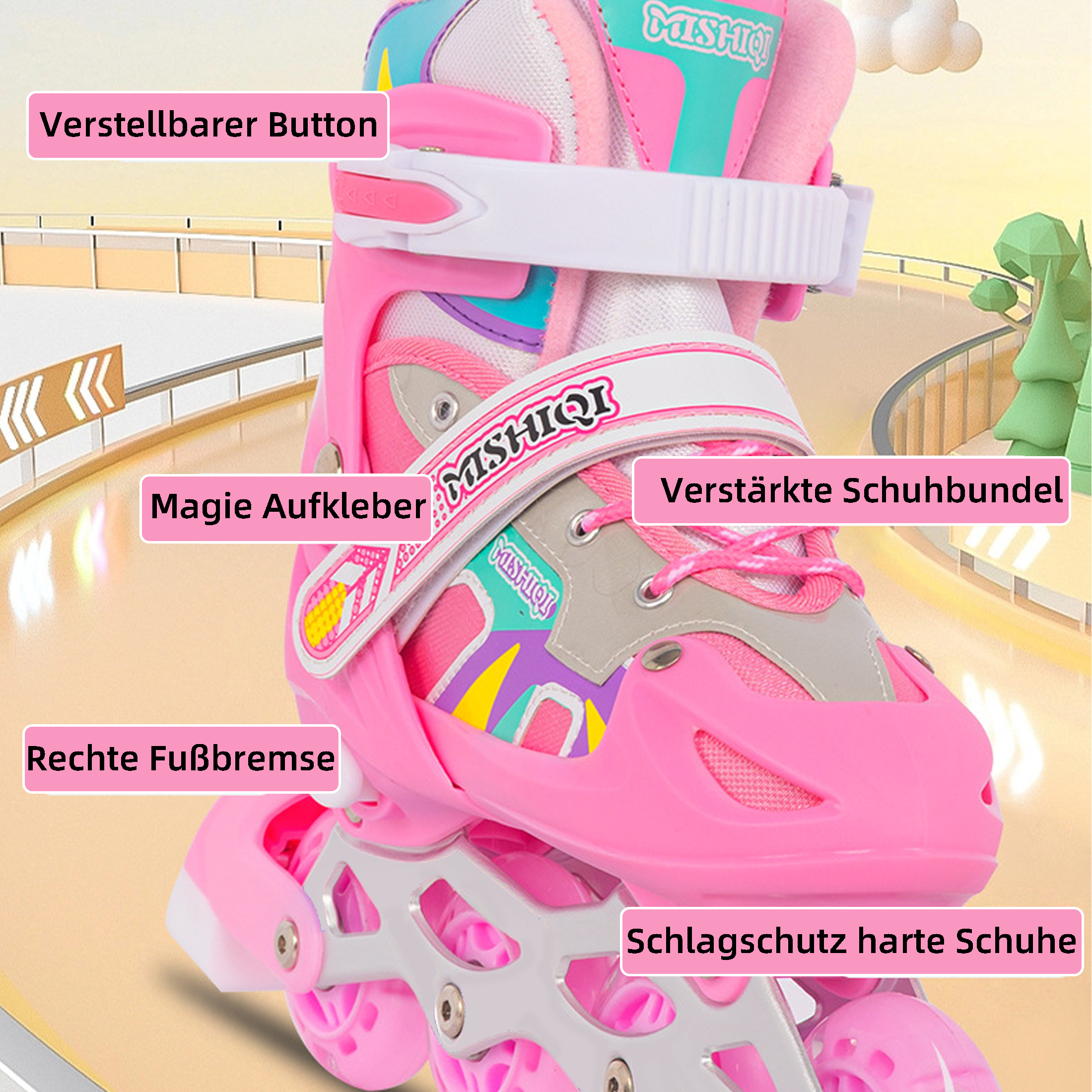 Rosa Rollschuh mit Etiketten. Verstellbarer Knopf, magische Aufkleber, verstärkte Schuhbündel, rechte Bremse.