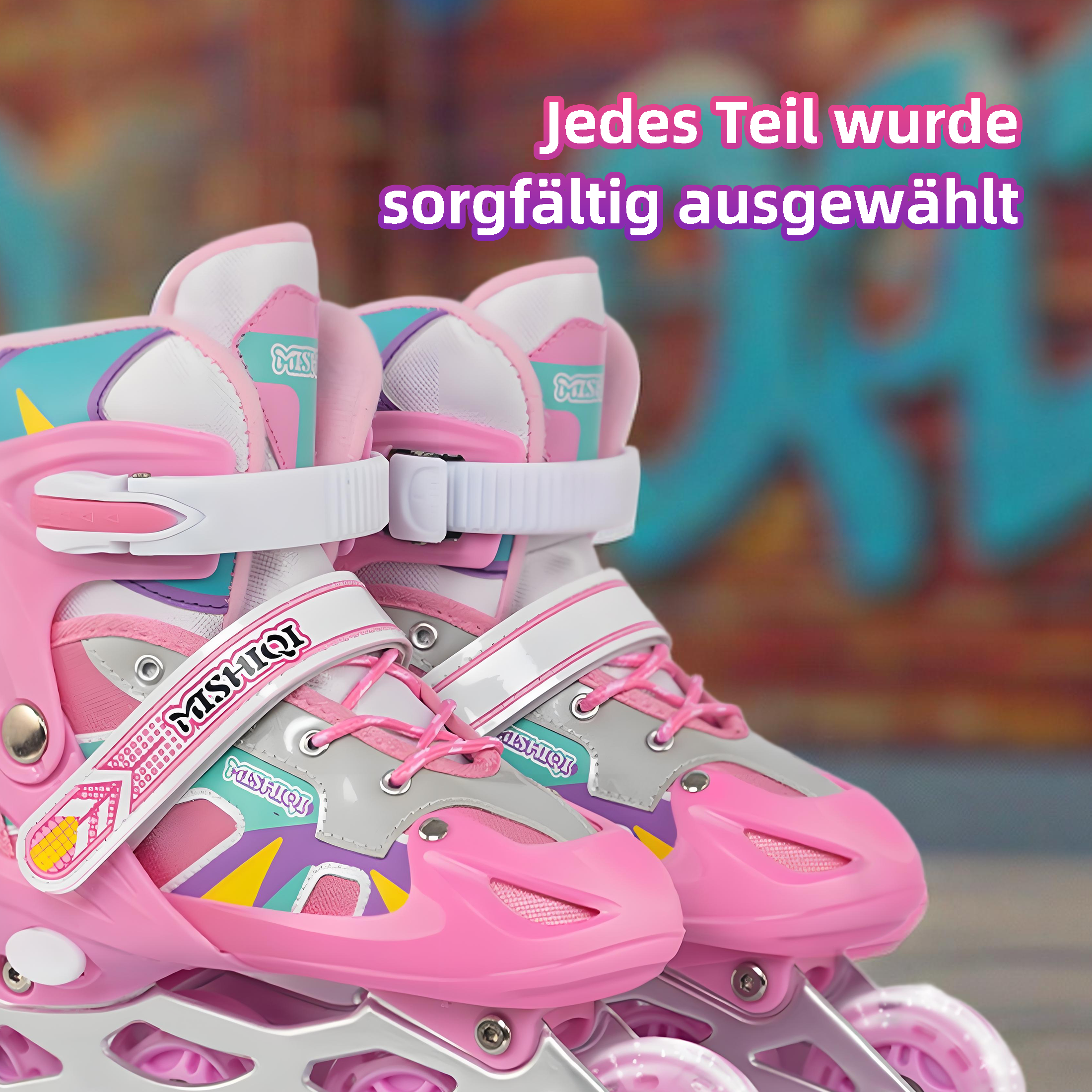 Paar rosa Rollschuhe mit weißen Riemen, grauen und gelben Details und rosa Sohle.