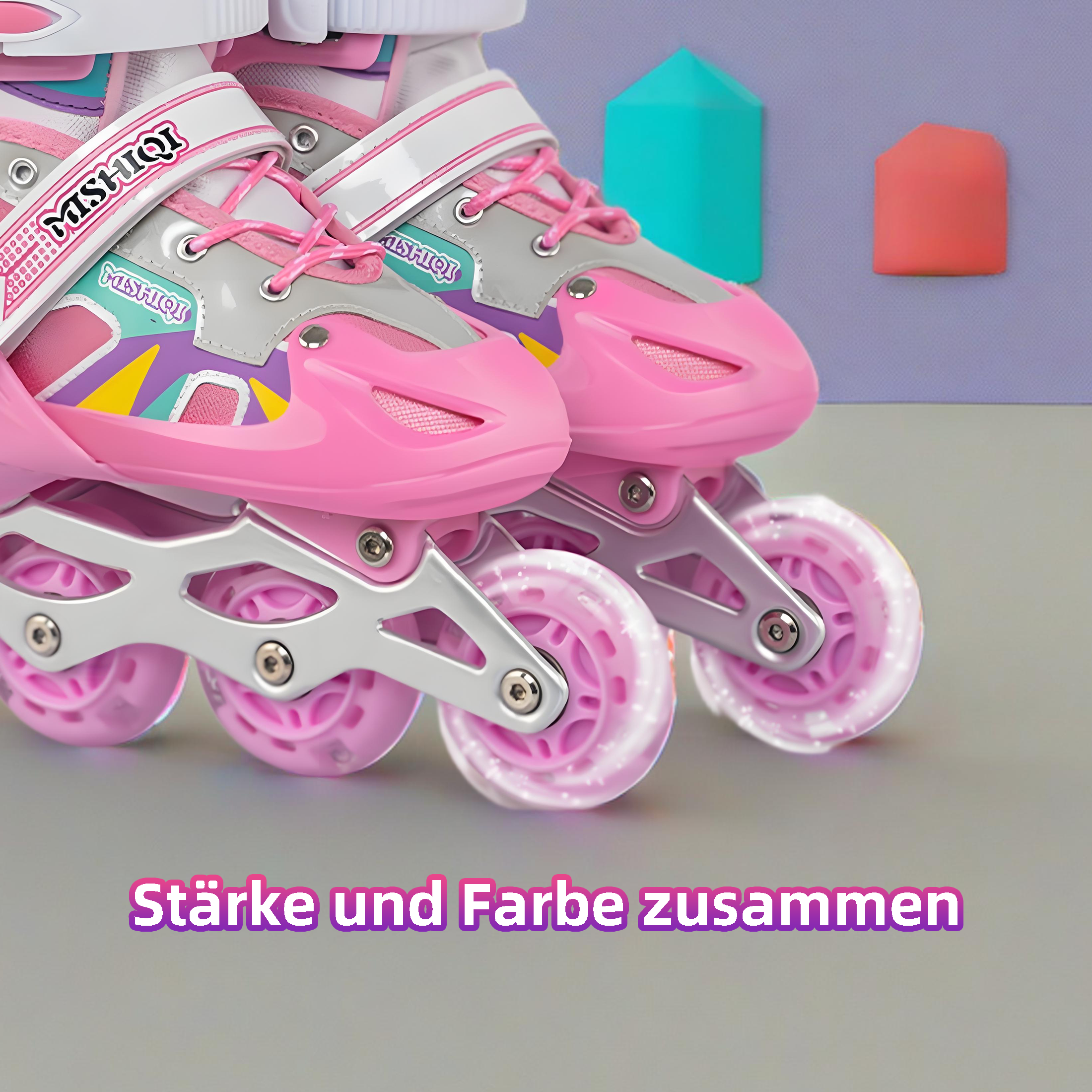 Rosa Rollschuhe mit weißen Riemen, grauen und gelben Details, rosa Rädern, mit Text-Overlay.