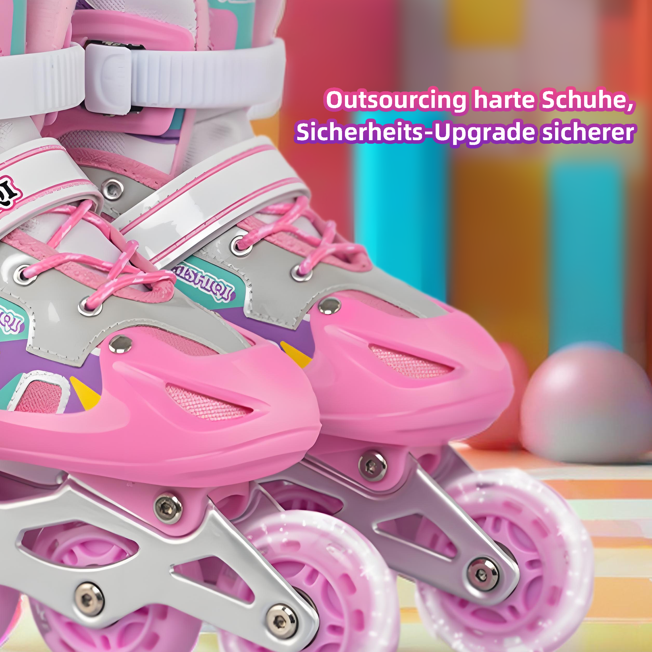 Nahaufnahme von pinkfarbenen Rollschuhen. Text besagt Auslagerung harter Schuhe, Sicherheits-Upgrade sicherer.
