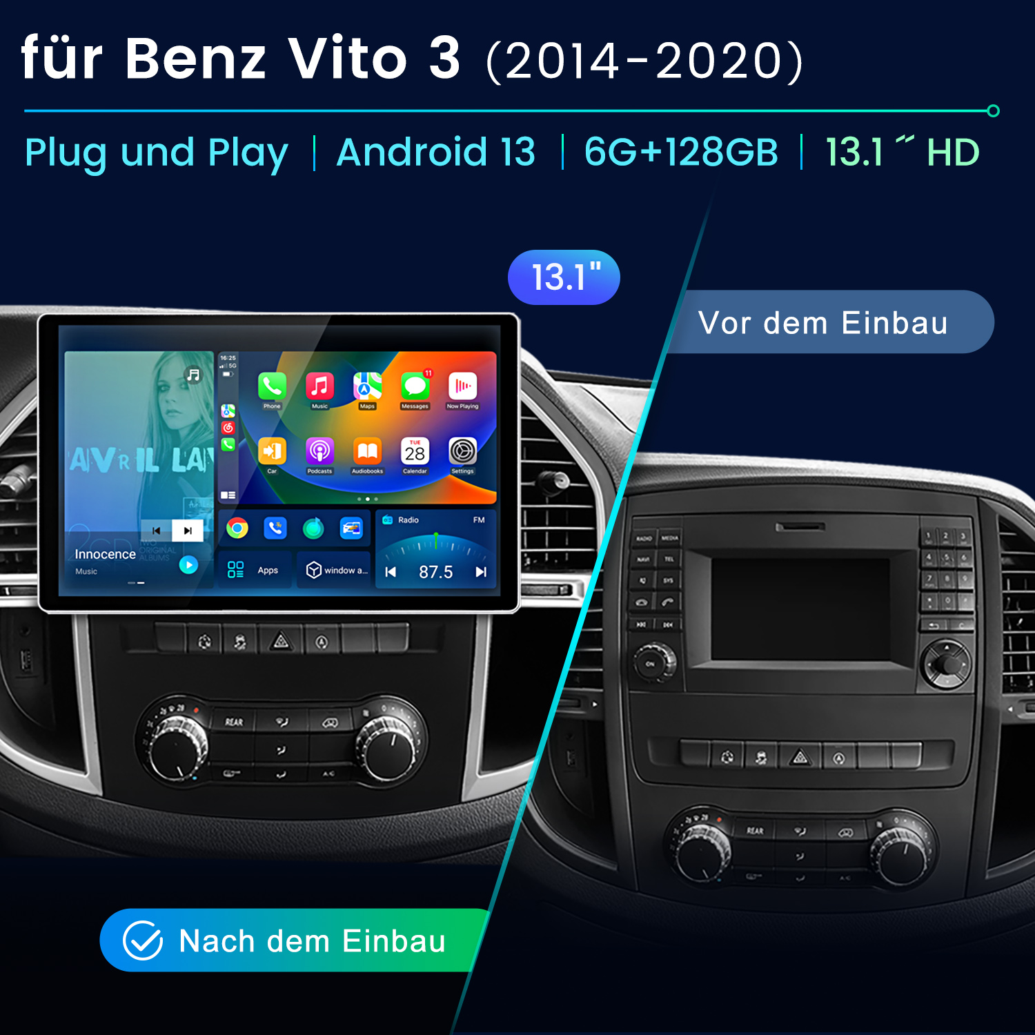 Auto-Multimedia-Systembildschirm. Zeigt Vorher-Nachher-Installation mit unterschiedlicher UI.