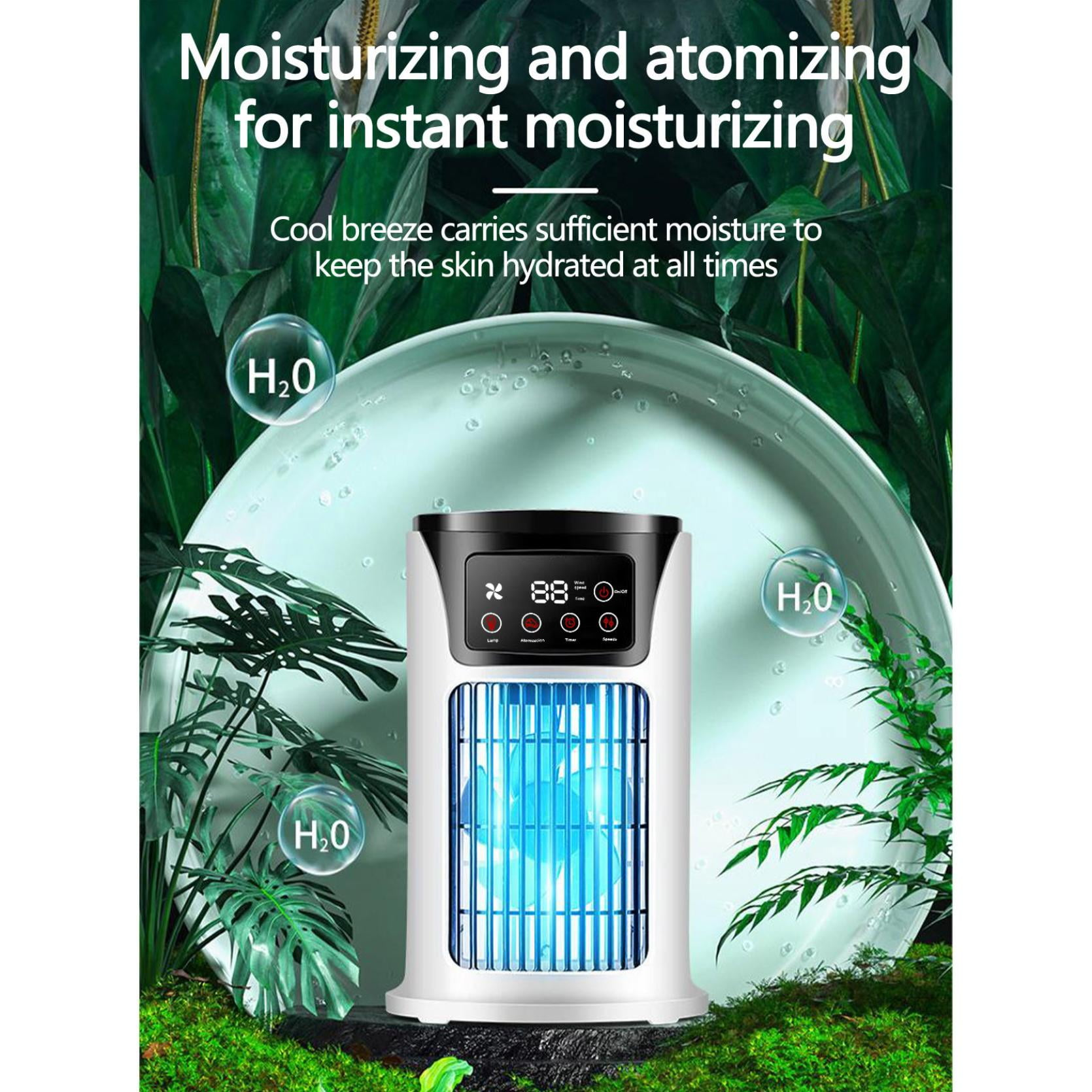 Weißer Luftkühler mit schwarzem Deckel, umgeben von grünen Pflanzen und Wassertropfen. H2O-Etiketten sind vorhanden.