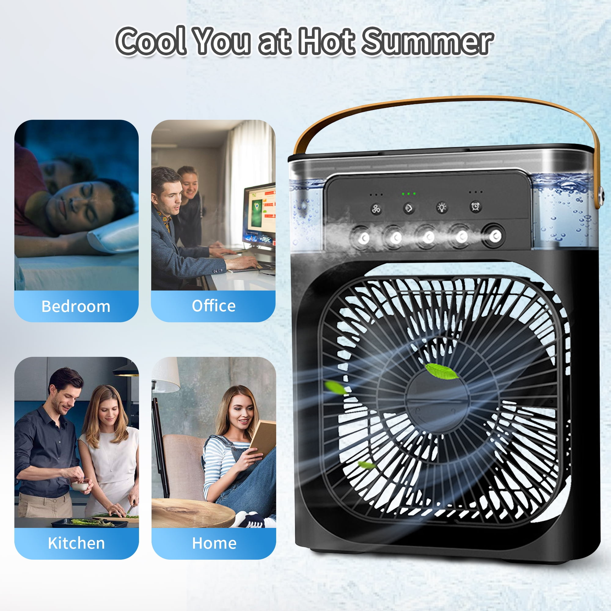 Ein Luftkühler mit vier Szenenbildern: Schlafzimmer, Büro, Küche und Zuhause. Der Kühler ist schwarz mit einem Ventilator.