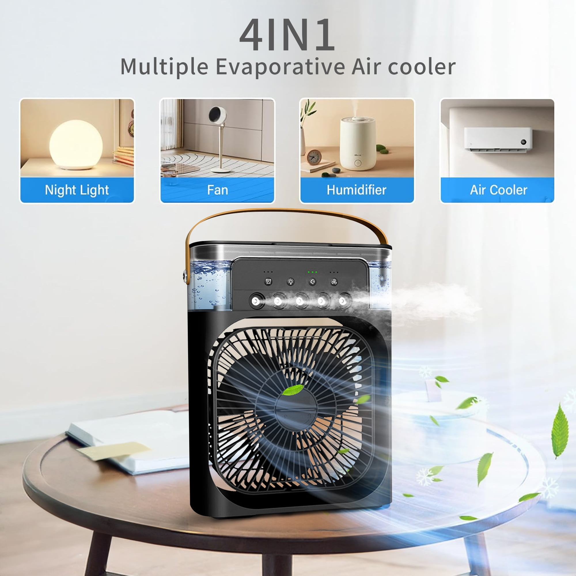 Ein 4-in-1-Luftkühler mit vier Symbolen: Nachtlicht, Ventilator, Luftbefeuchter und Luftkühler, auf einem Holztisch.