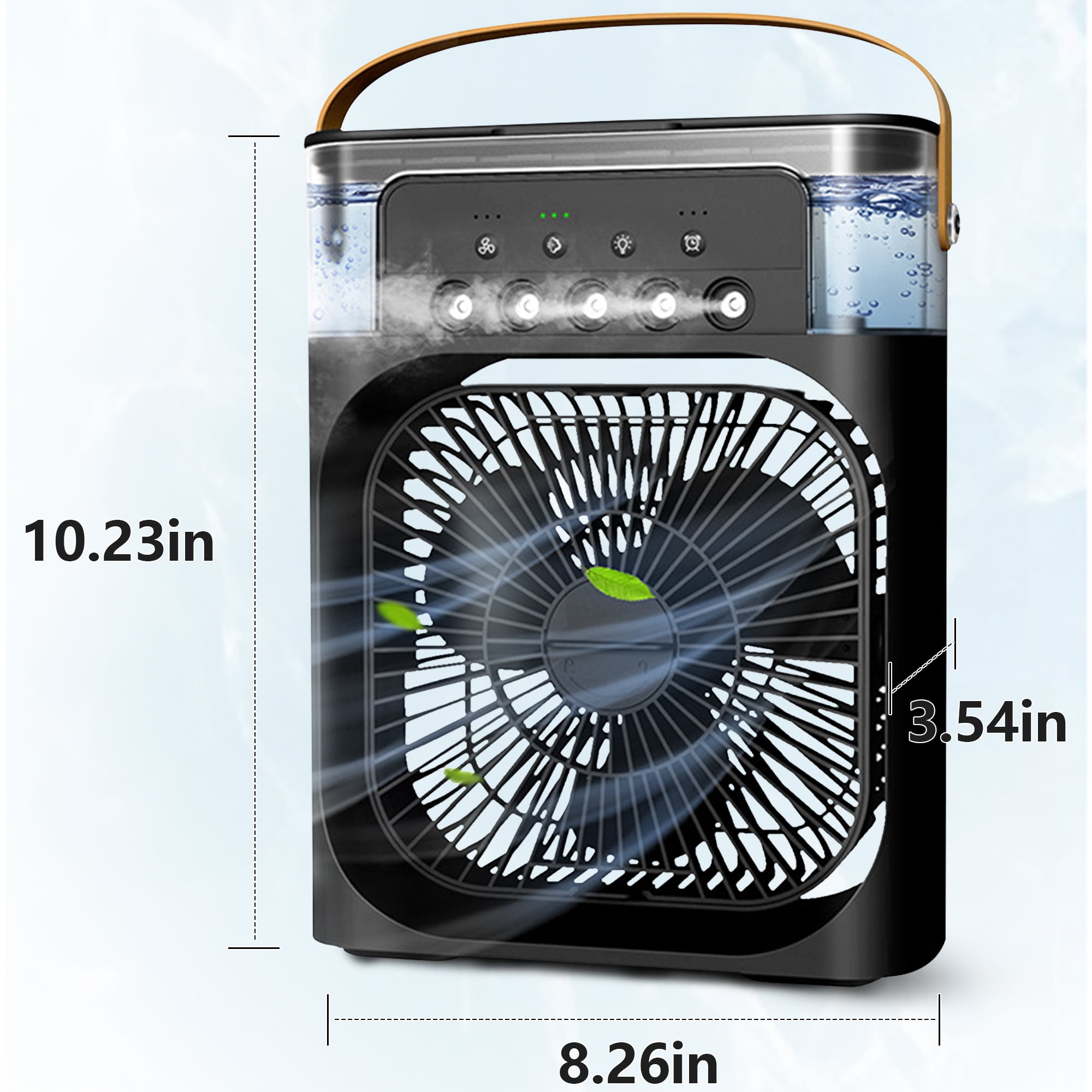 Schwarzer und klarer Luftkühler mit Ventilator. Abmessungen beschriftet. Griff oben. Wassertank sichtbar. Lüfterblätter vorne.